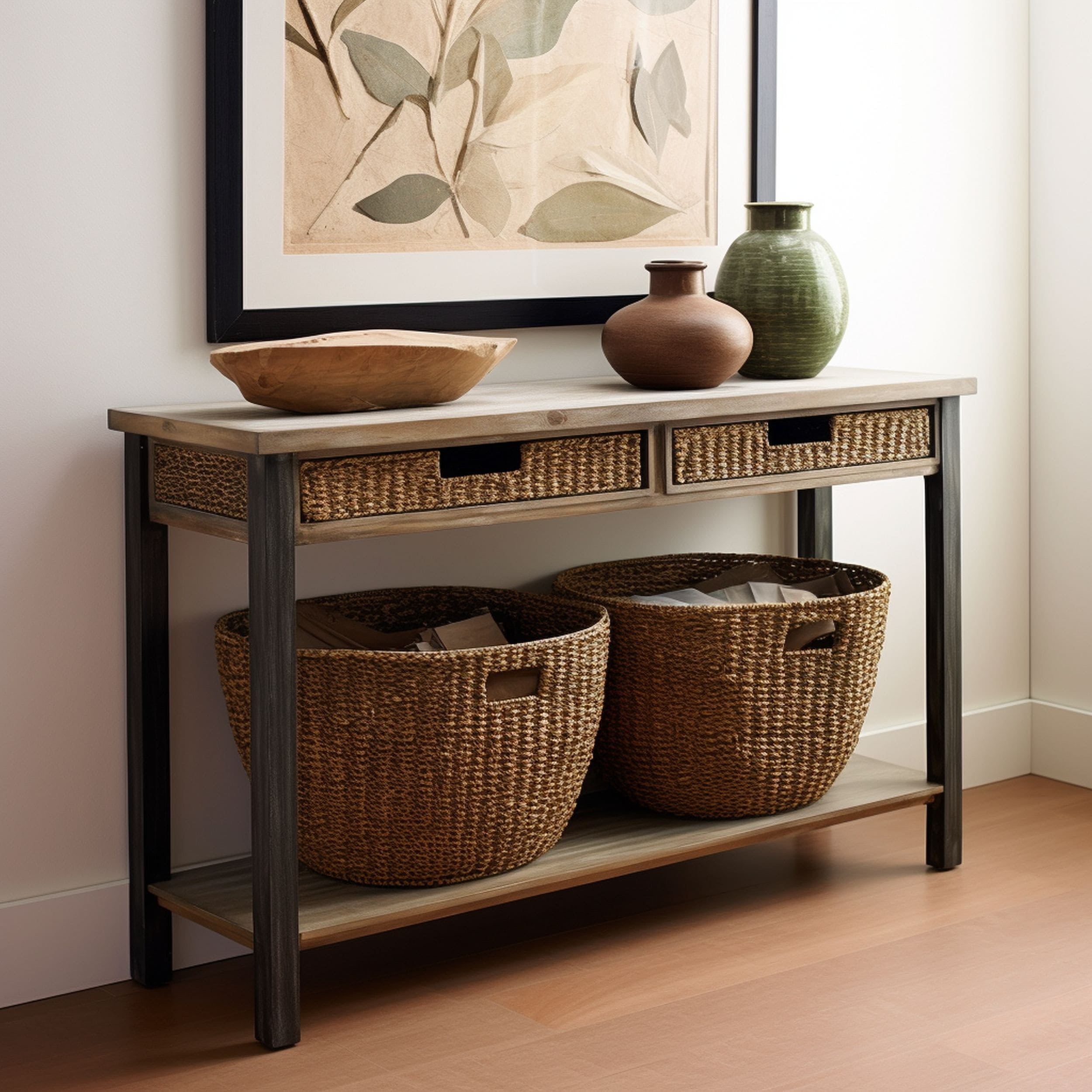 Console Table With Woven Basket Storage