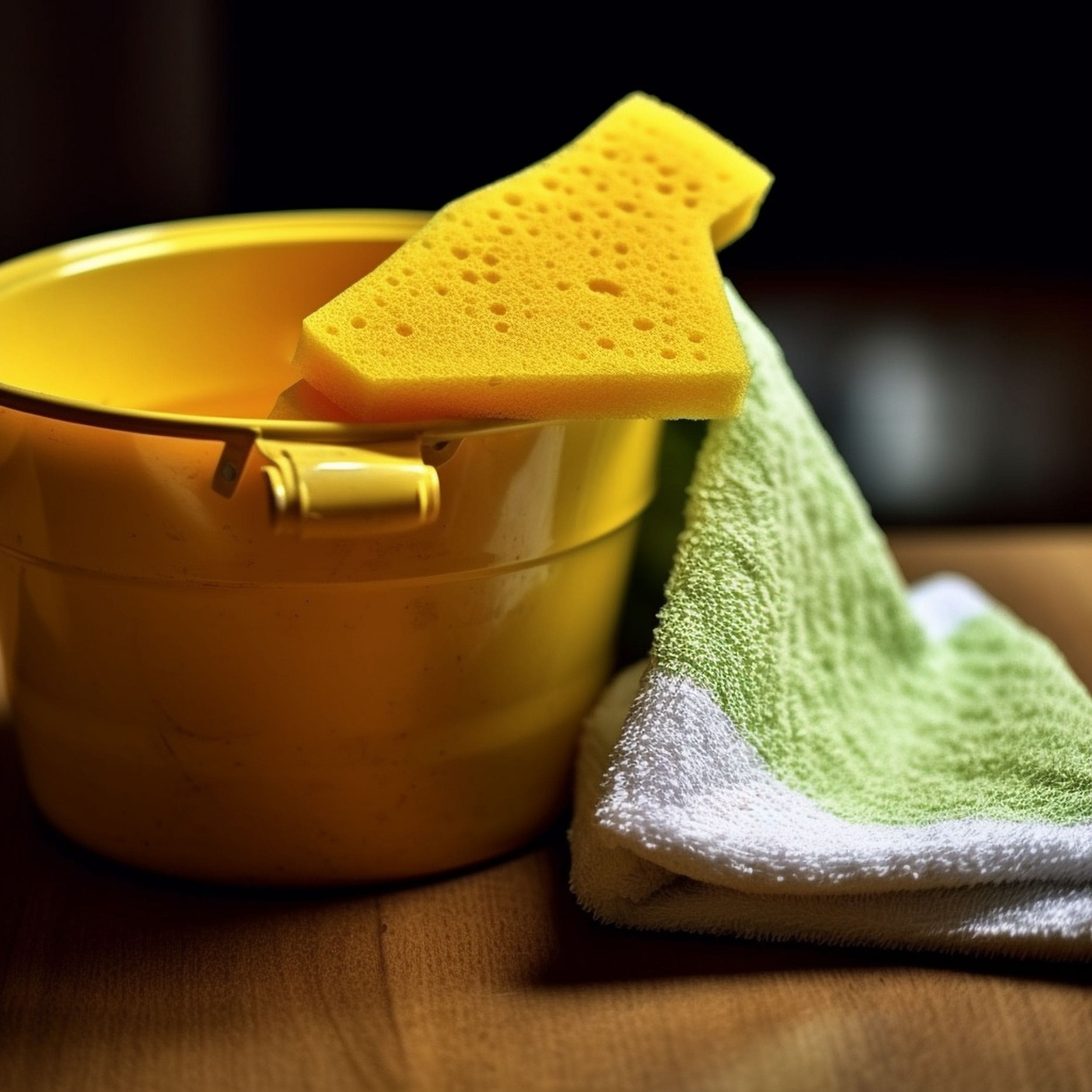 Small Bucket With Cleaning Sponge and Cloth