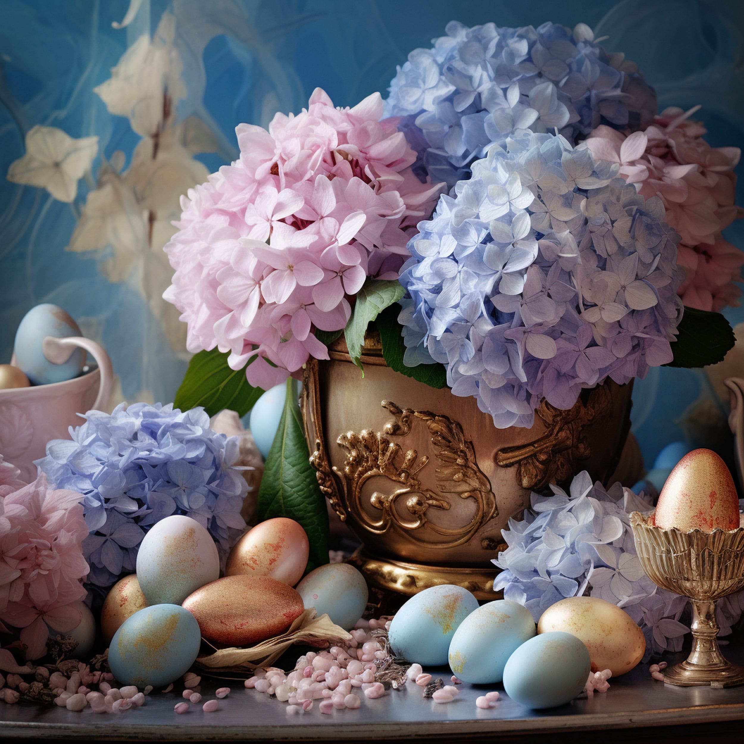 Hydrangea Flowers Surrounded by Easter Decorations