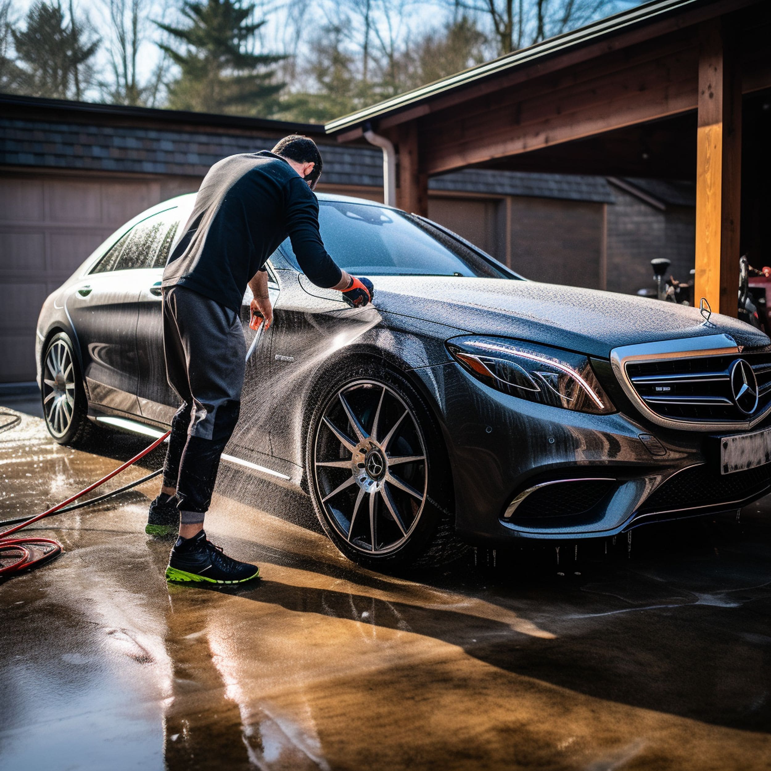 Man Pressure Washing His Car