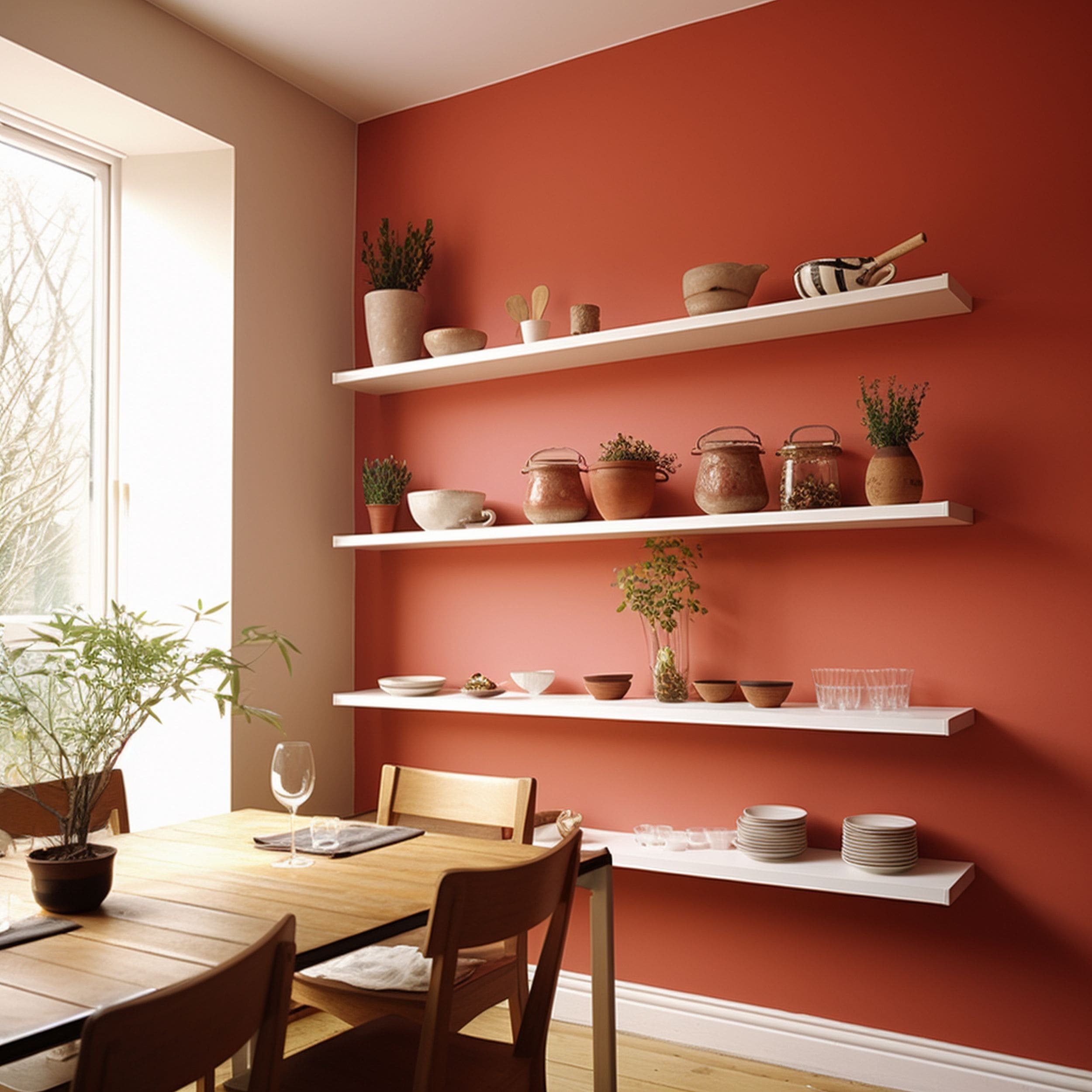 Modern Dining Room With White Floating Shelves on a Red Wall