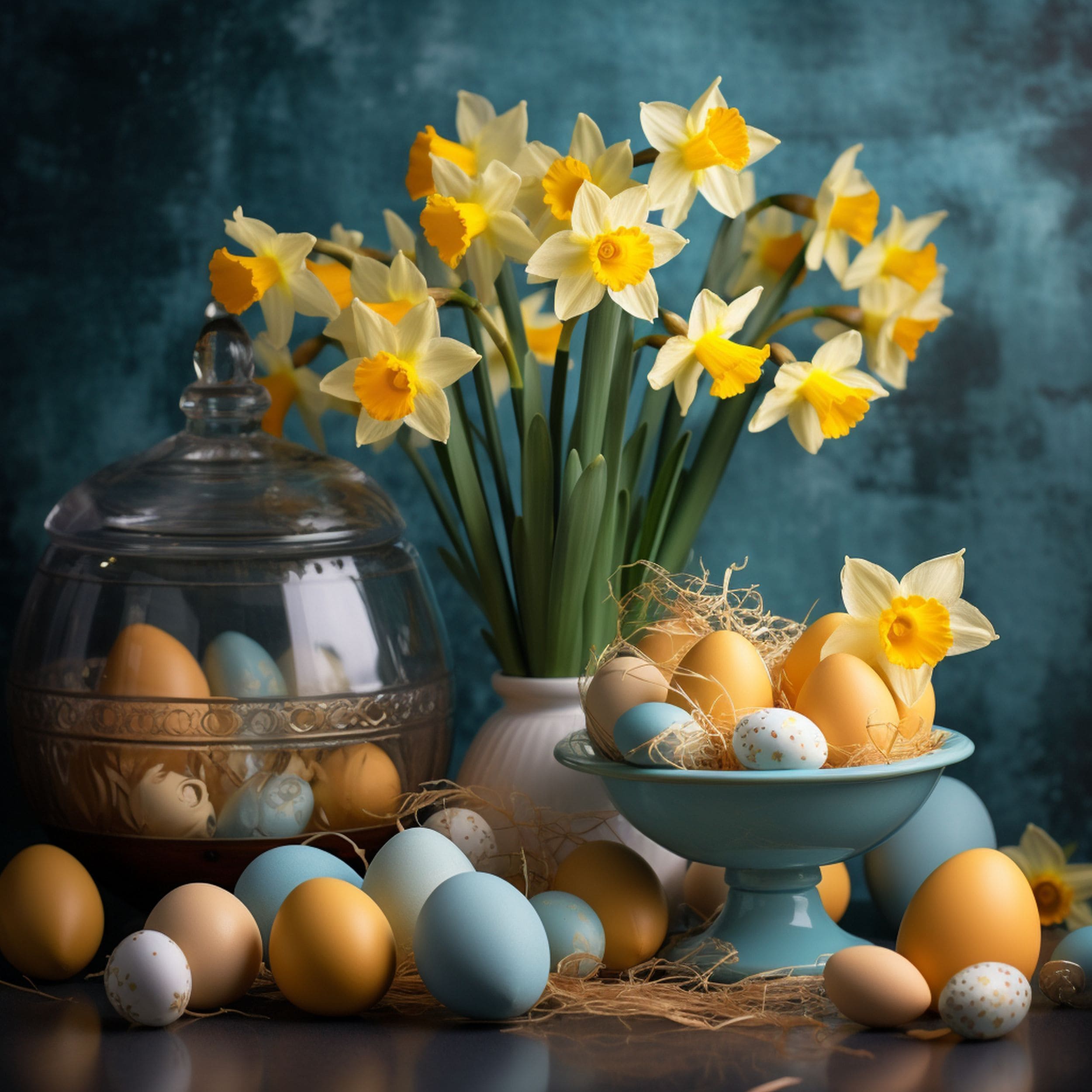 Daffodil Flowers Surrounded by Easter Decorations