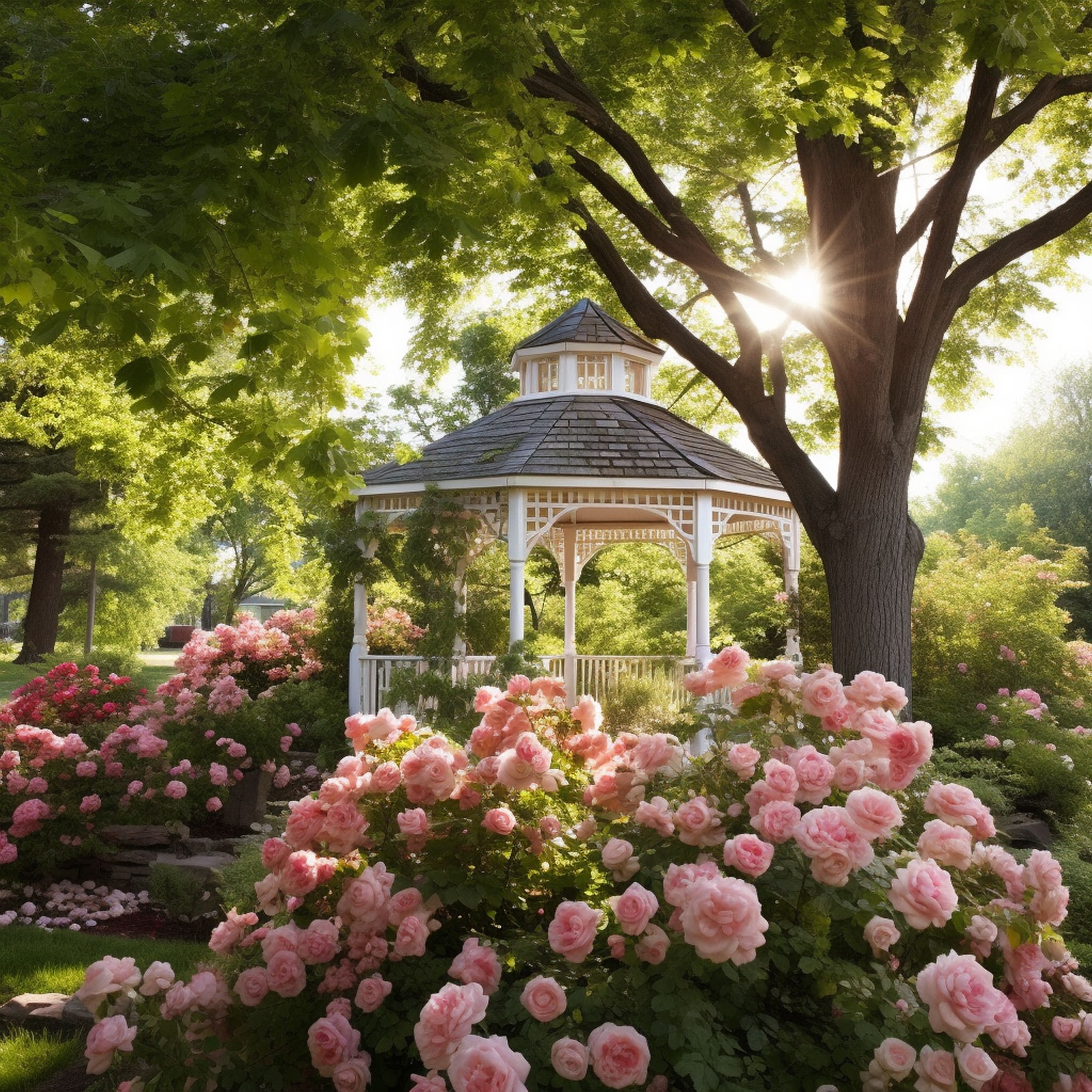 Gazebo Surrounded by Flowers and Trees