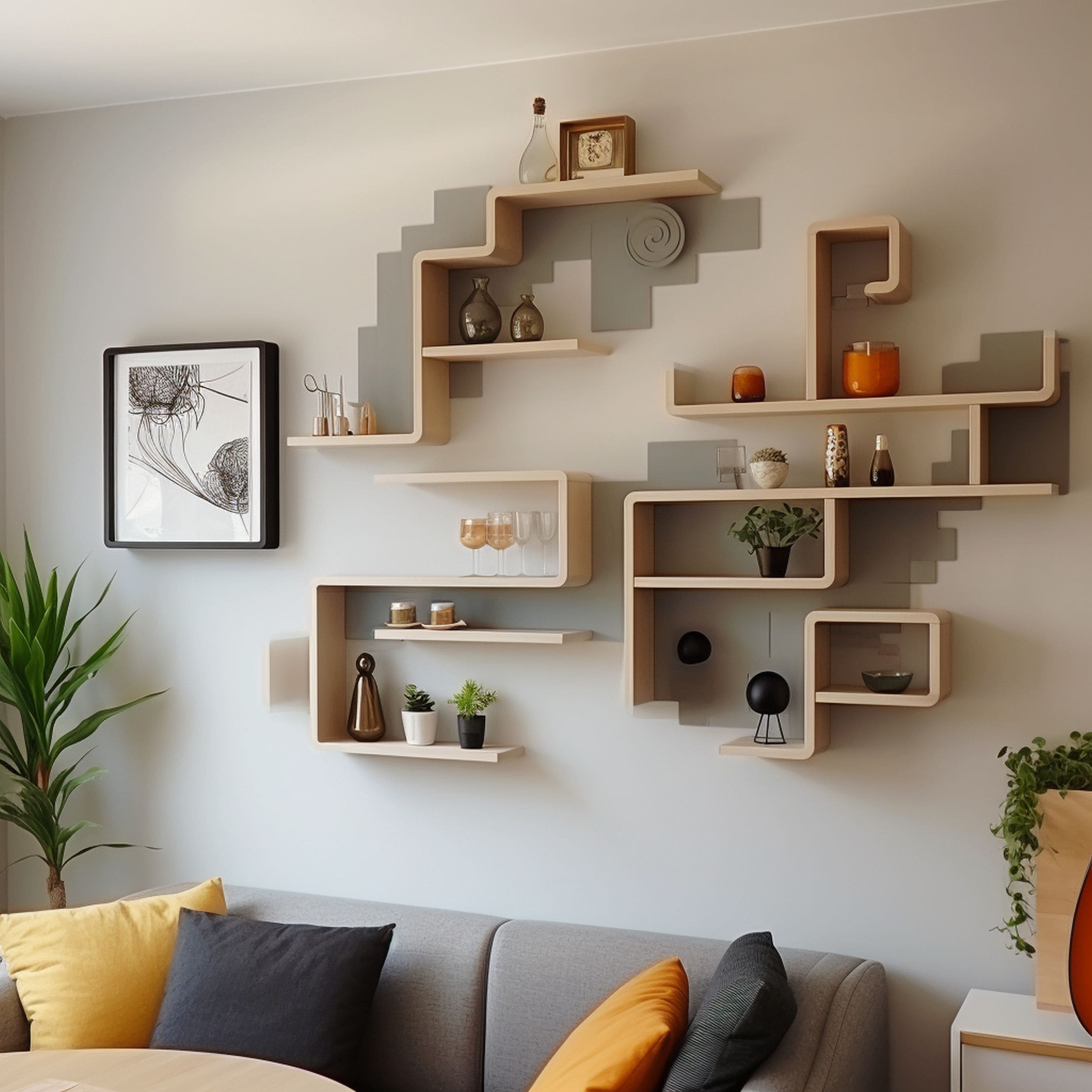 Floating Shelves Arranged in Geometric Design