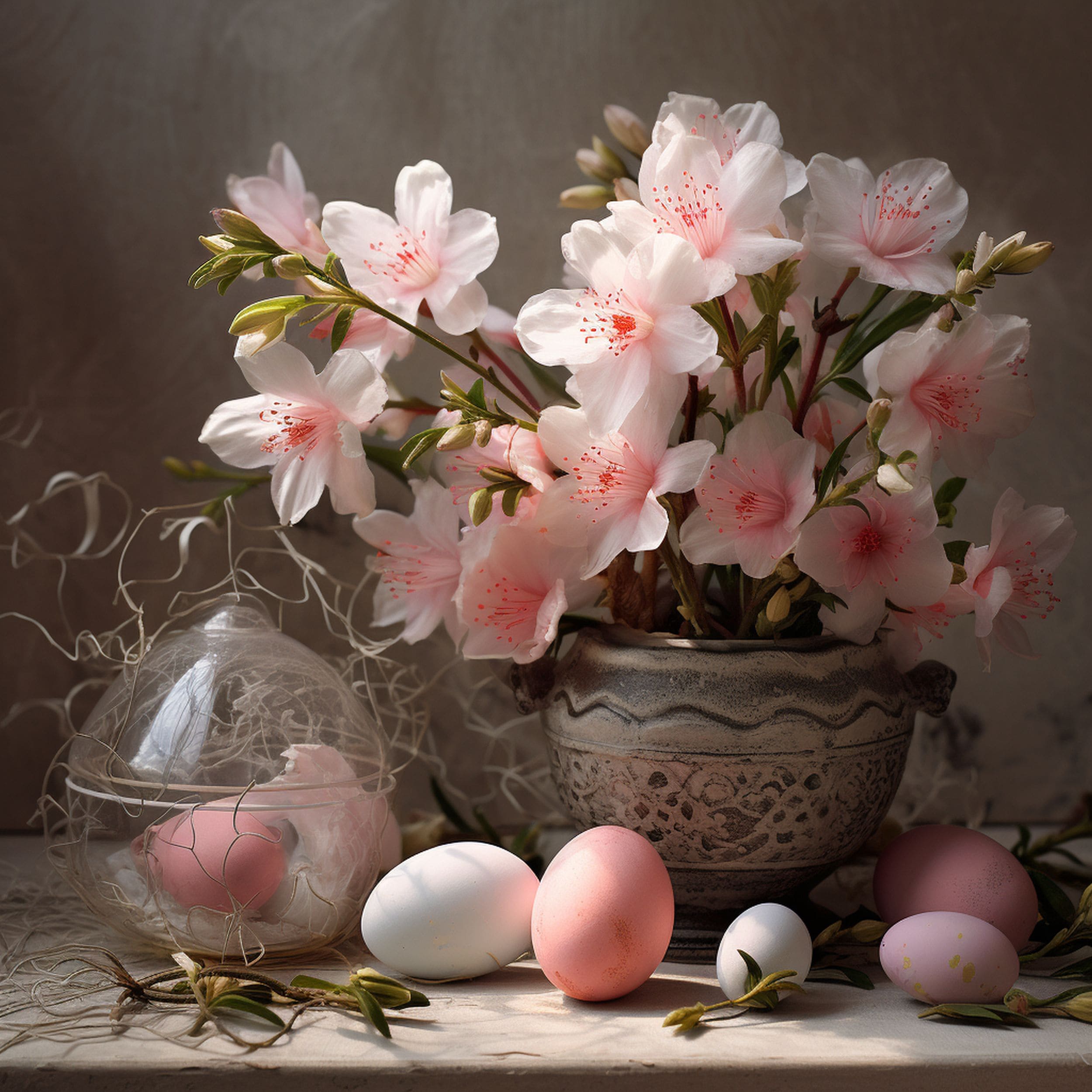 Azalea Flowers Surrounded by Easter Decorations