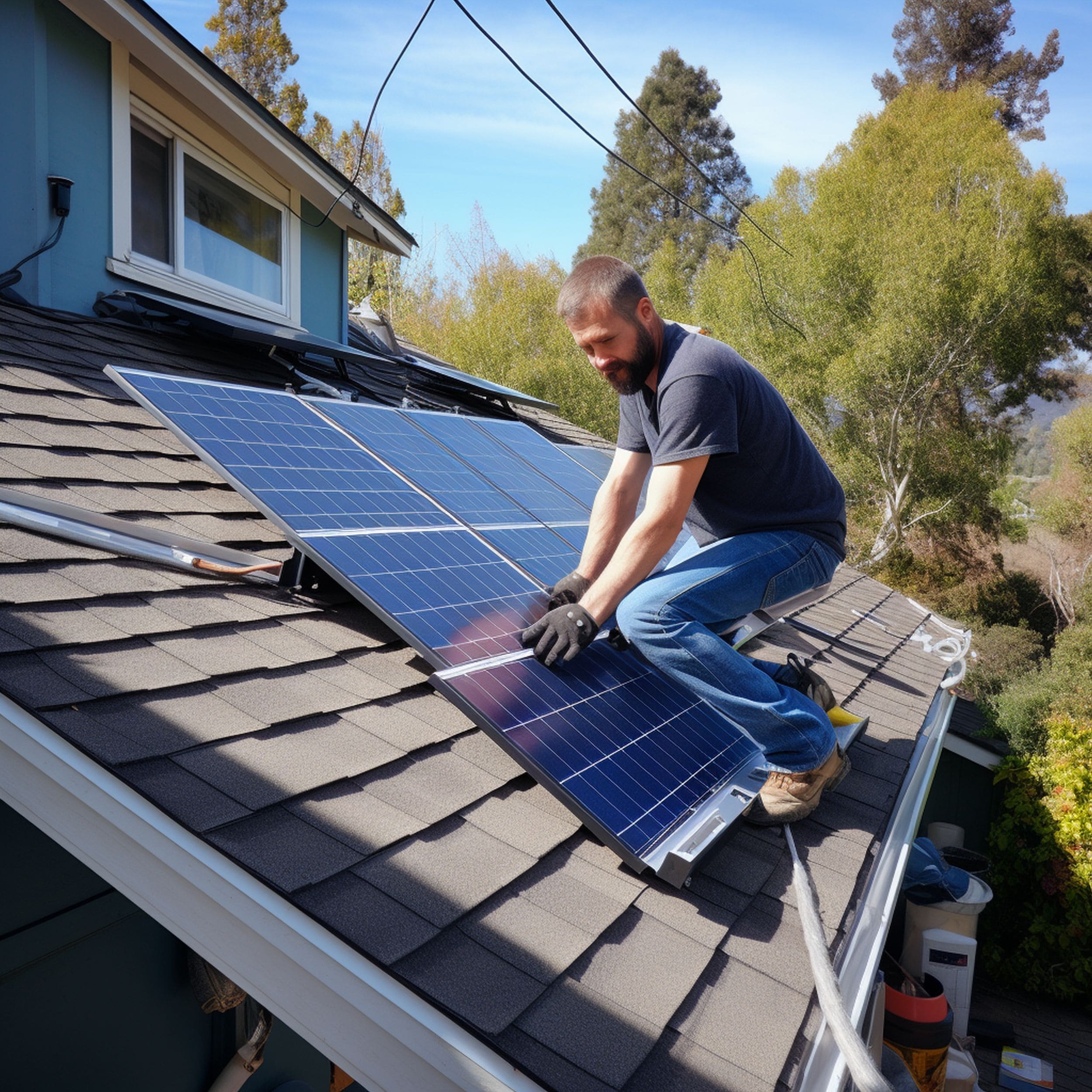 Man Installing Solar Panels on the Roof