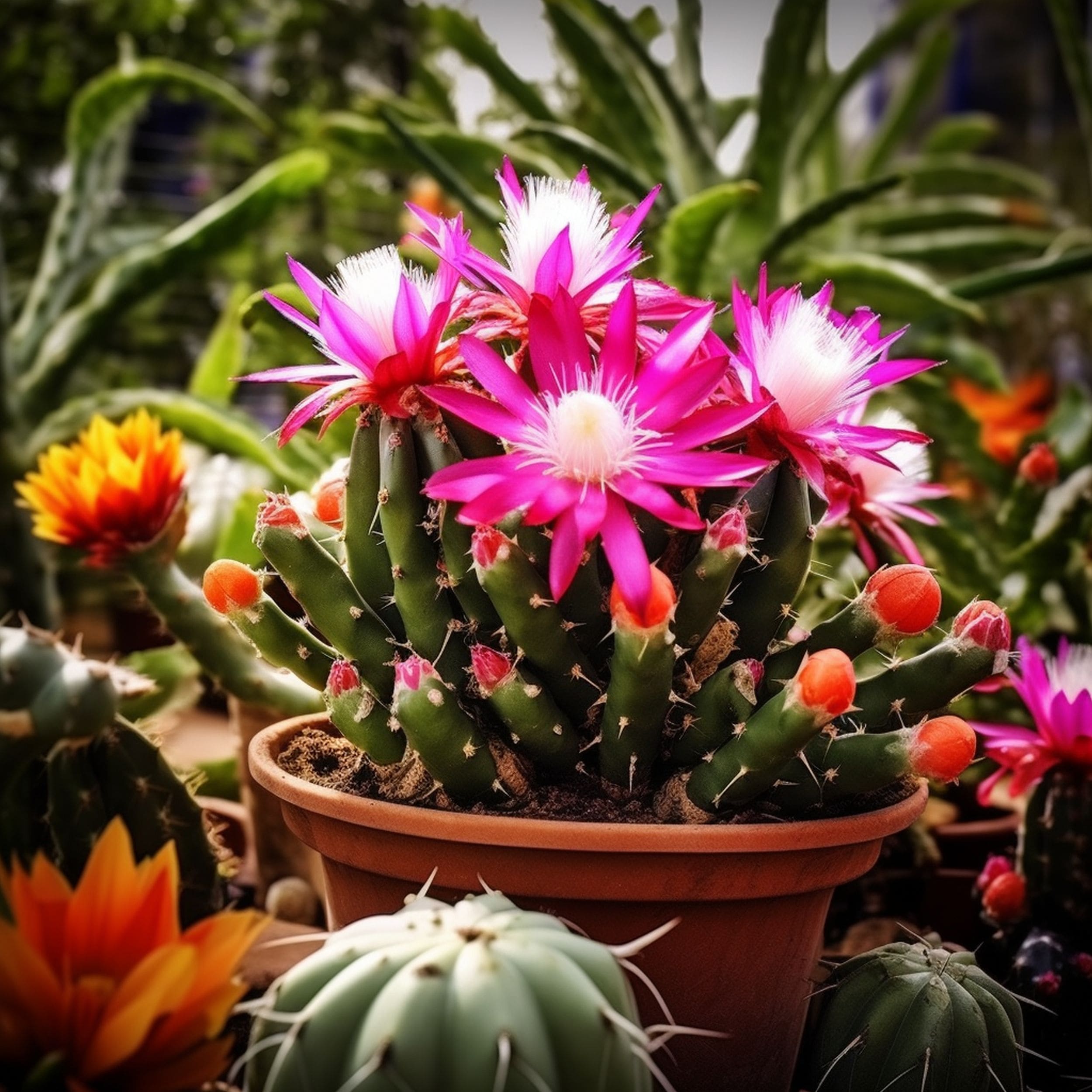 Easter Cactus Flowers Surrounded by Easter Decorations