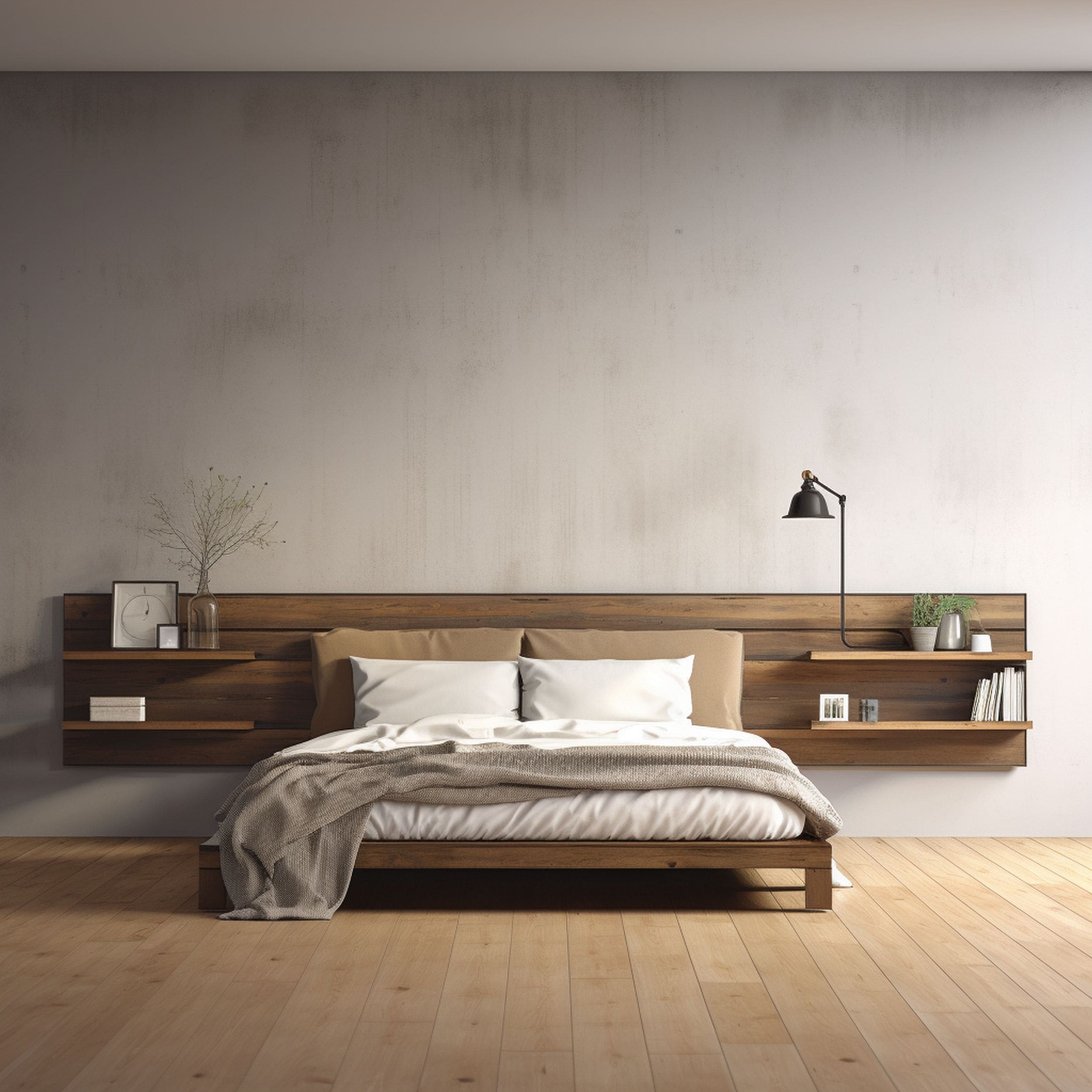 Floating Shelves Replacing Nightstands in a Bedroom