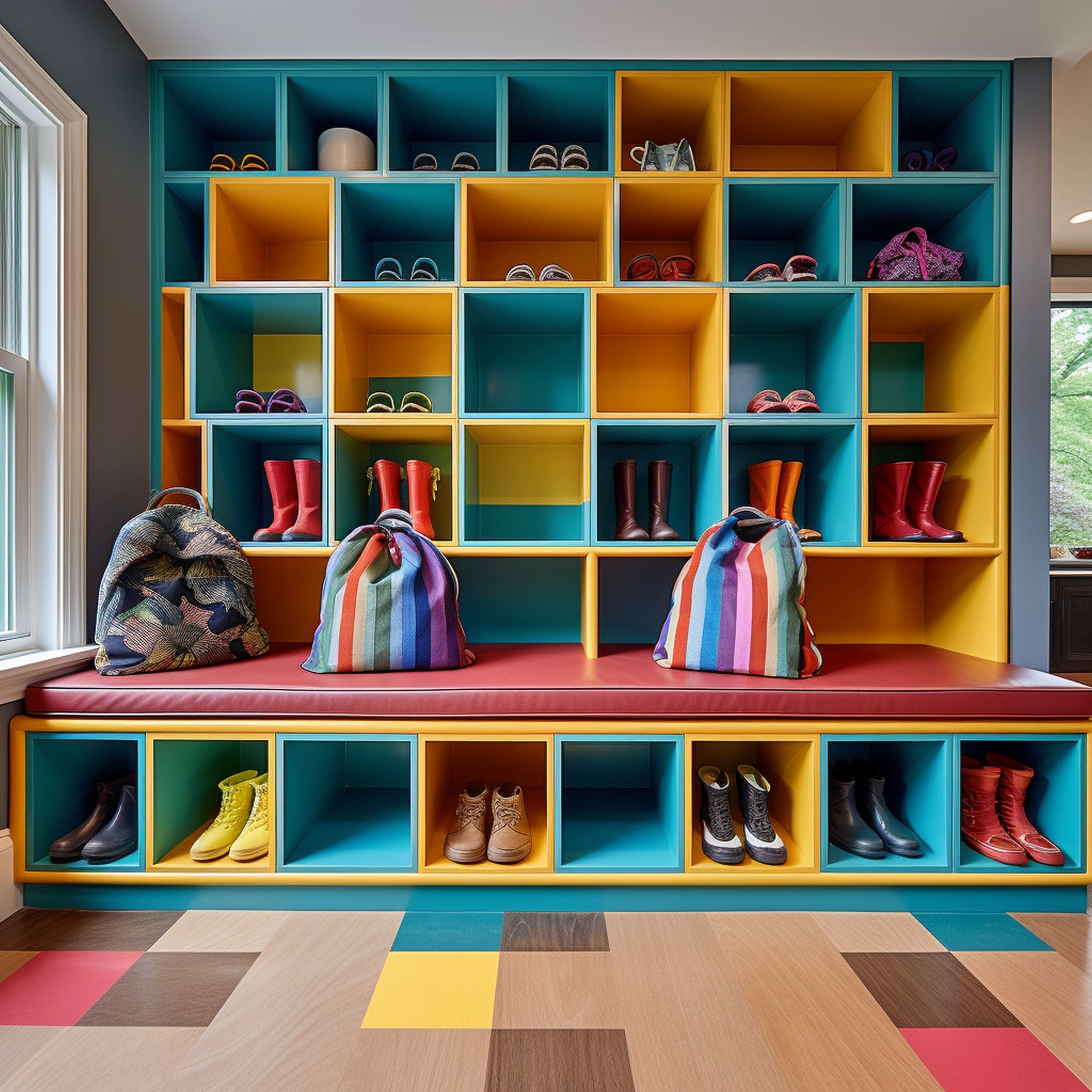 Colorful Mudroom Cubbies