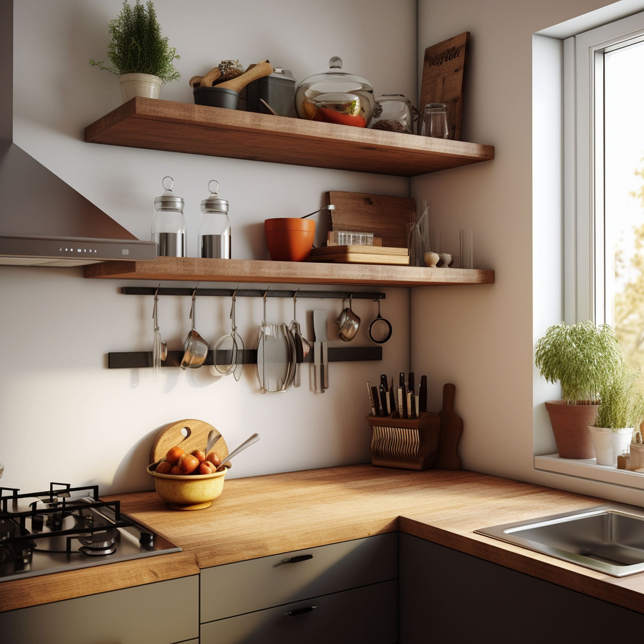 Floating Shelves Mounted in an Empty Corner of the Kitchen