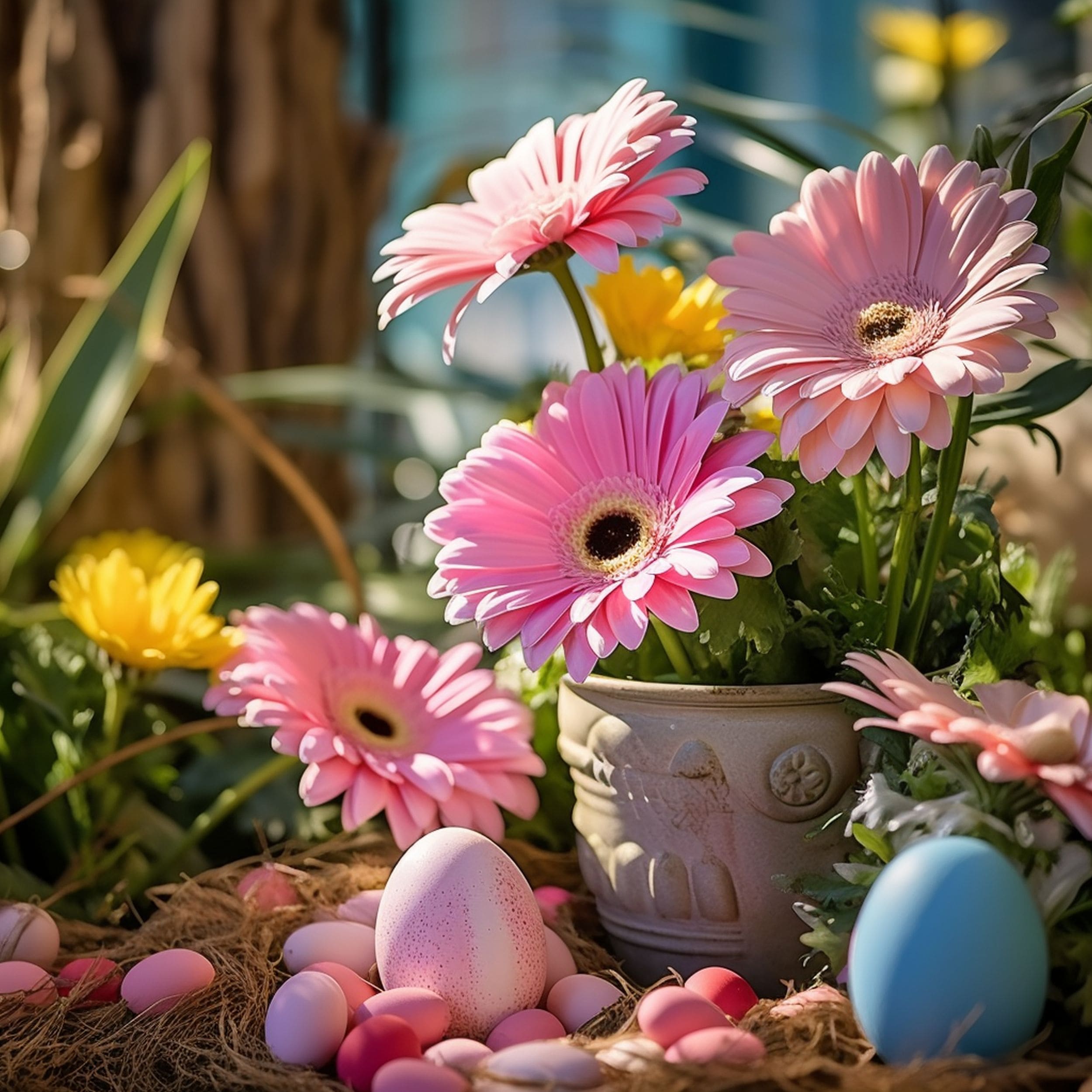 Gerber Daisy Flowers Surrounded by Easter Decorations 