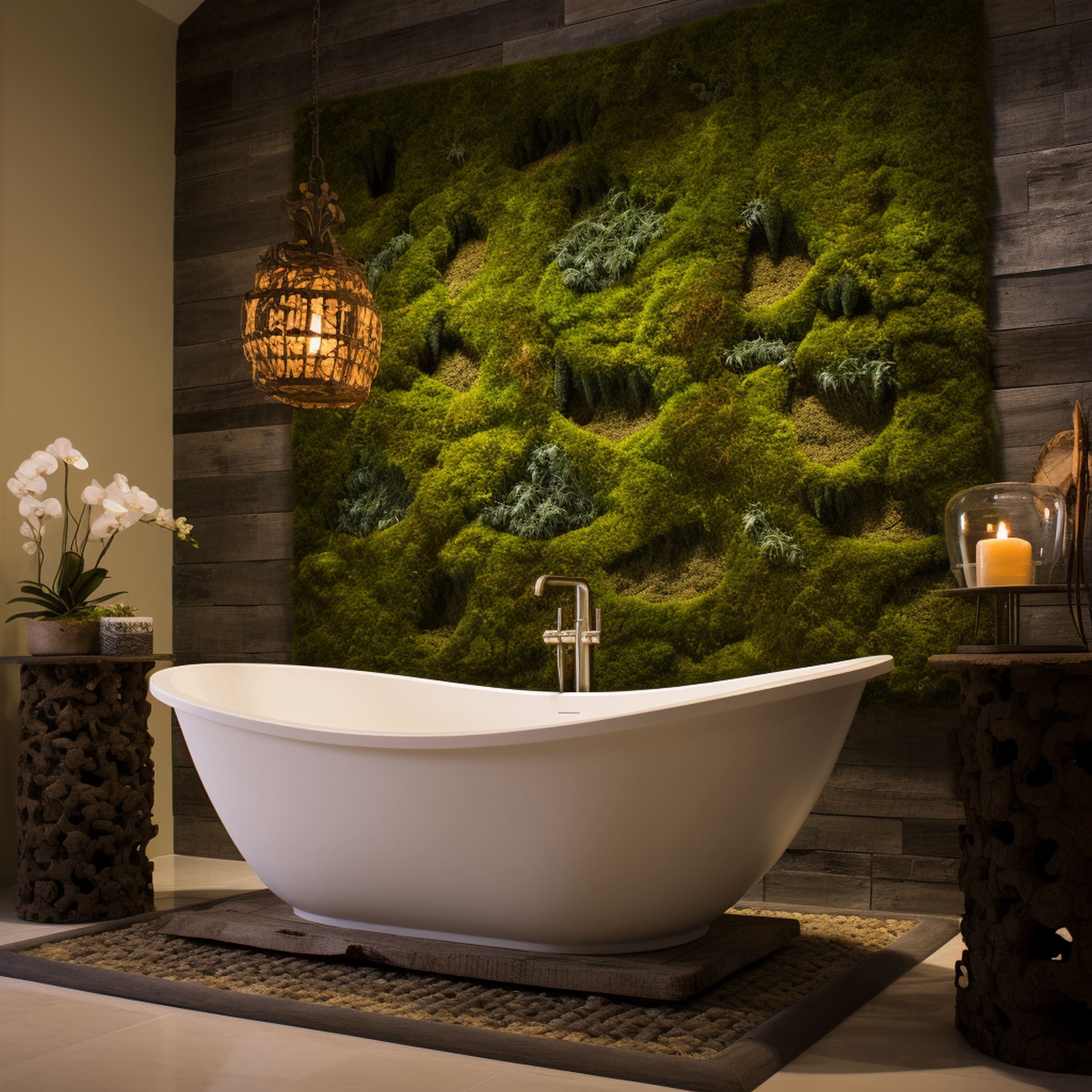 Moss Wall Panel in a Bathroom With Freestanding Bathtub