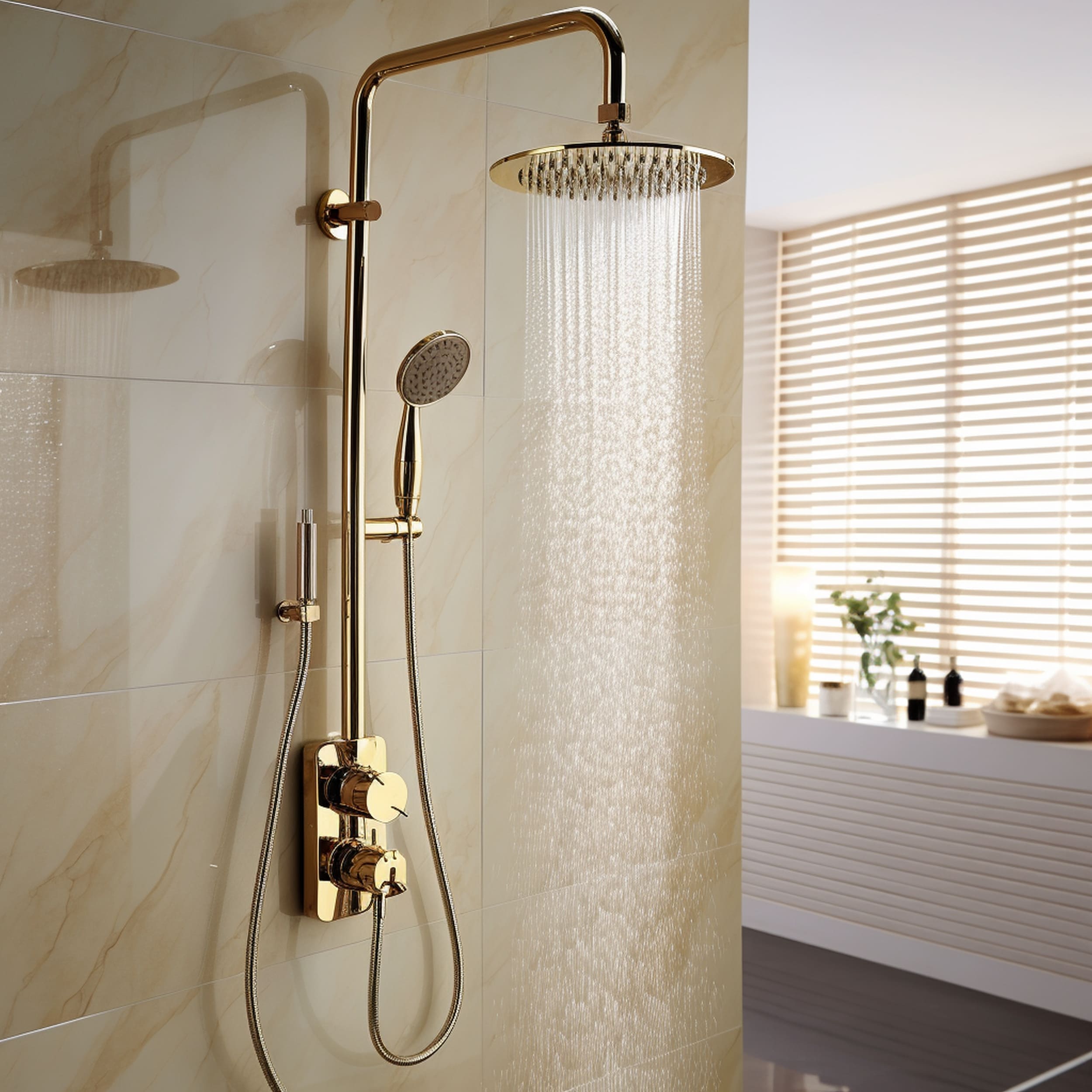 Beige Bathroom Wall With Gold Shower Fixtures