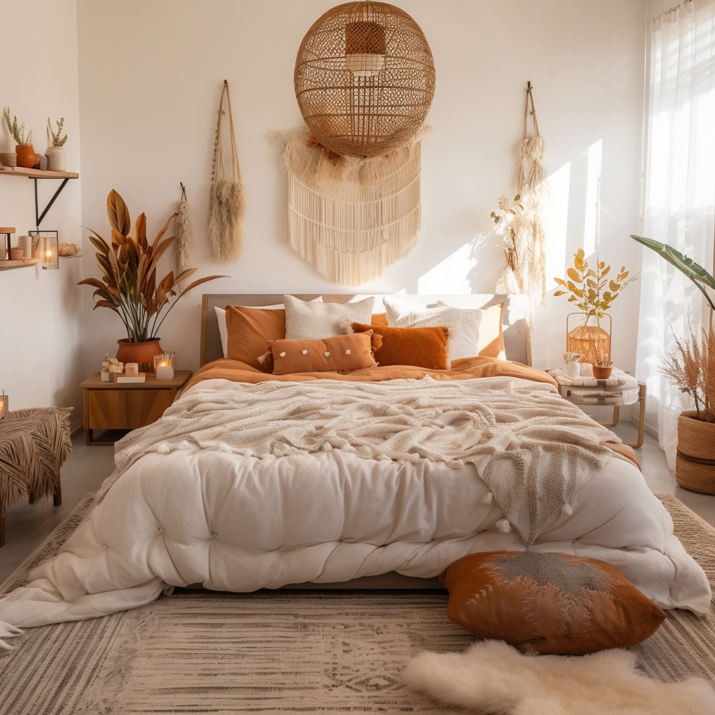 Bohemian Bedroom With Burnt Orange Accessories