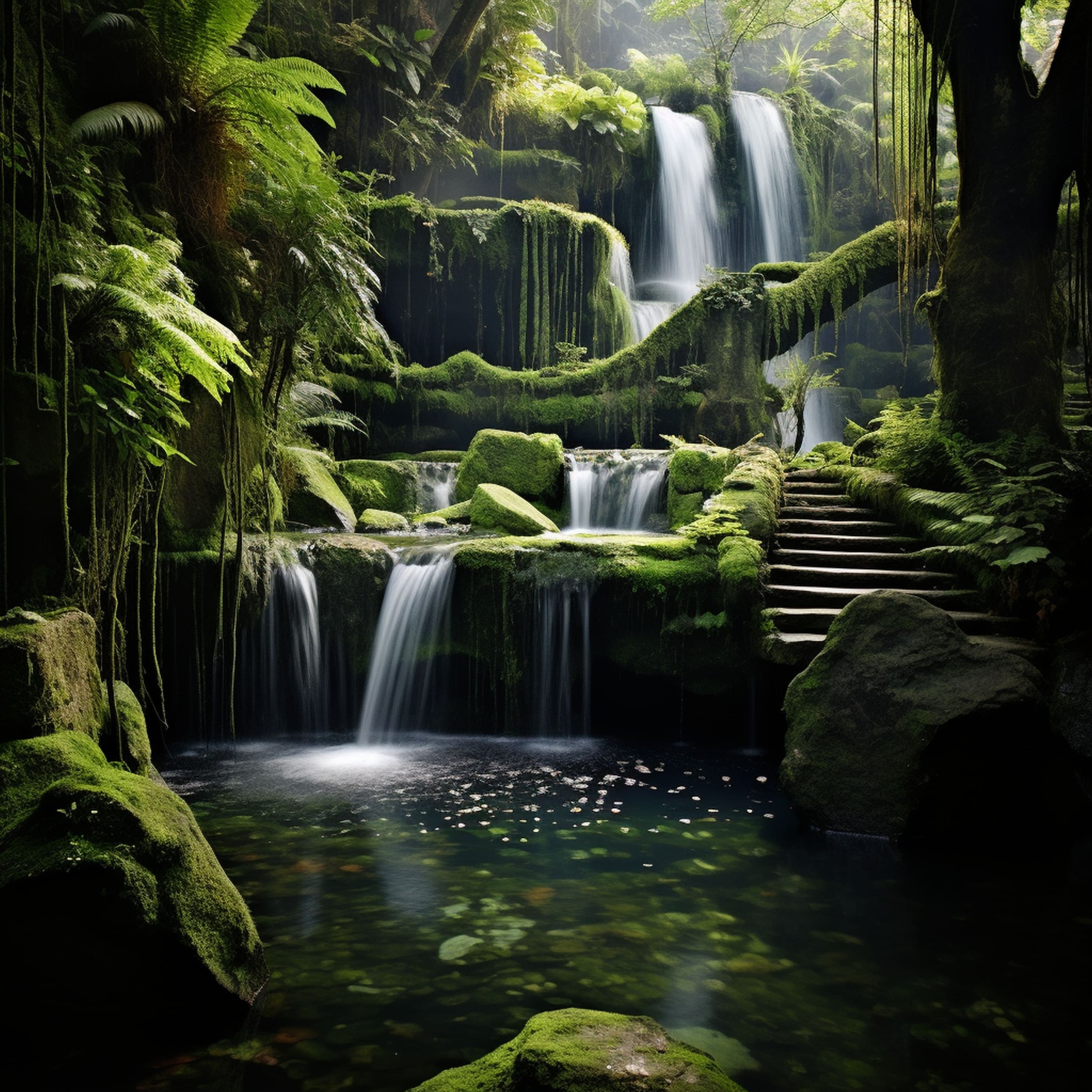 Waterfall Surrounded by Mossy Stones