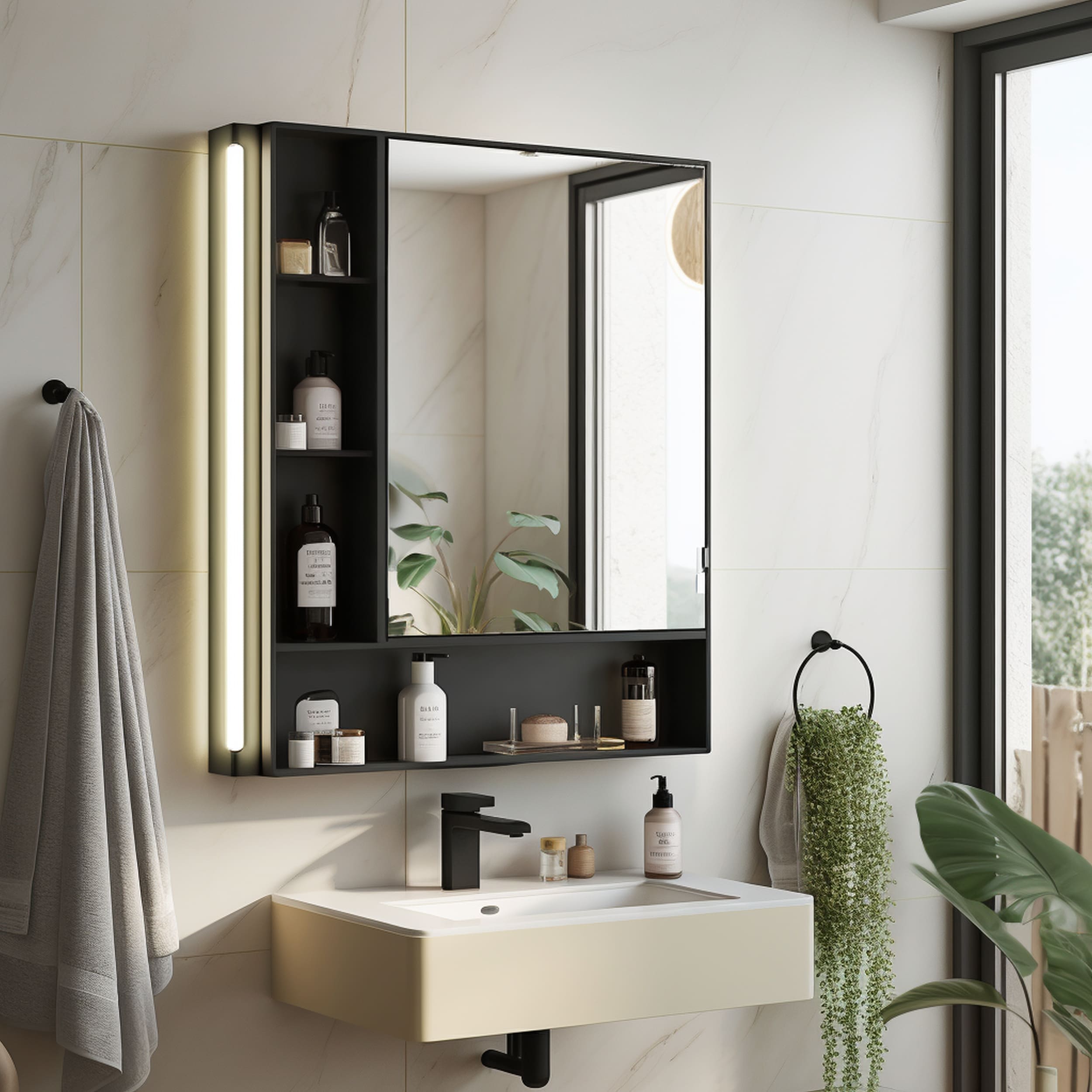 Black Frame Medicine Cabinet in Modern Bathroom