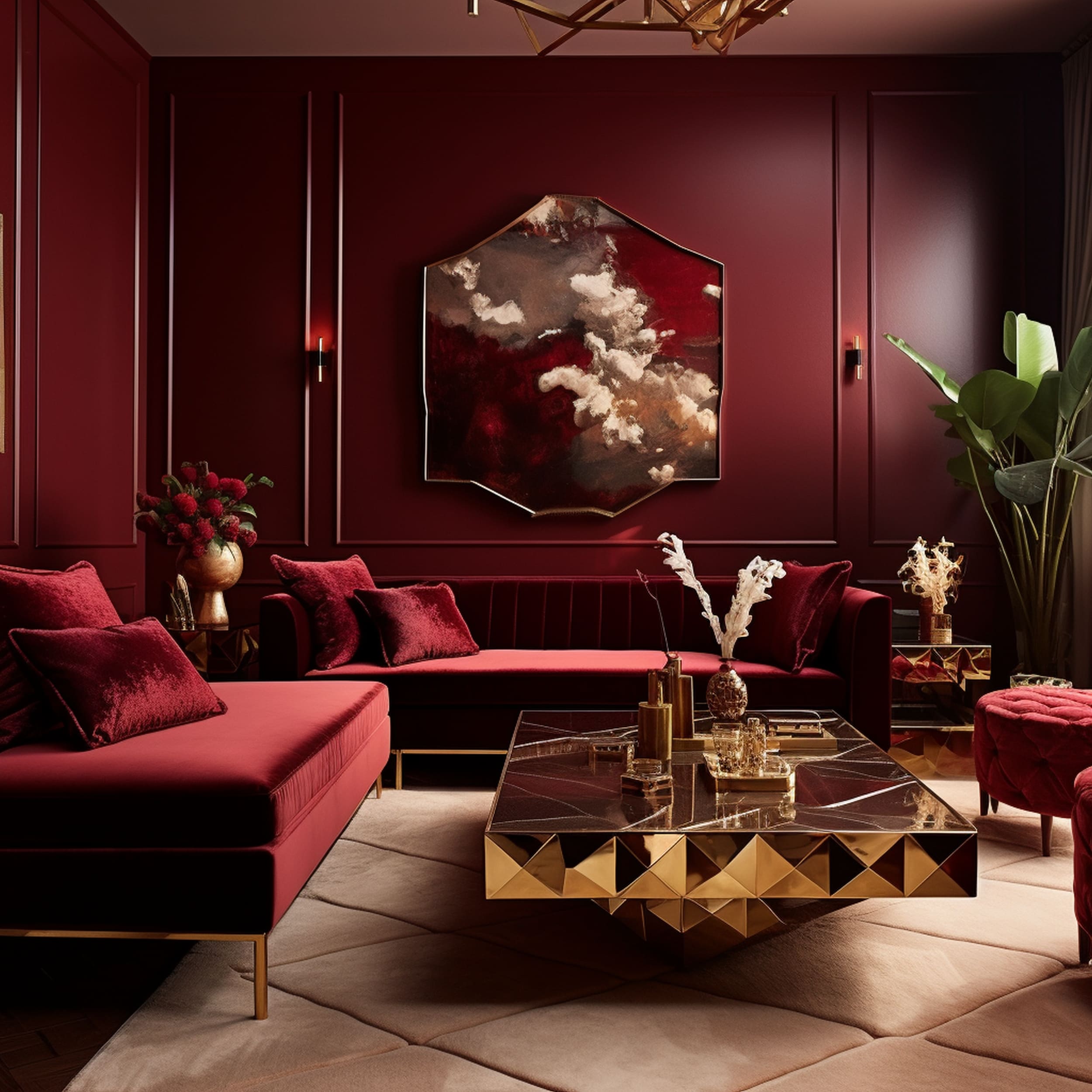 Elegant Wine Red Living Room With Gold Accents