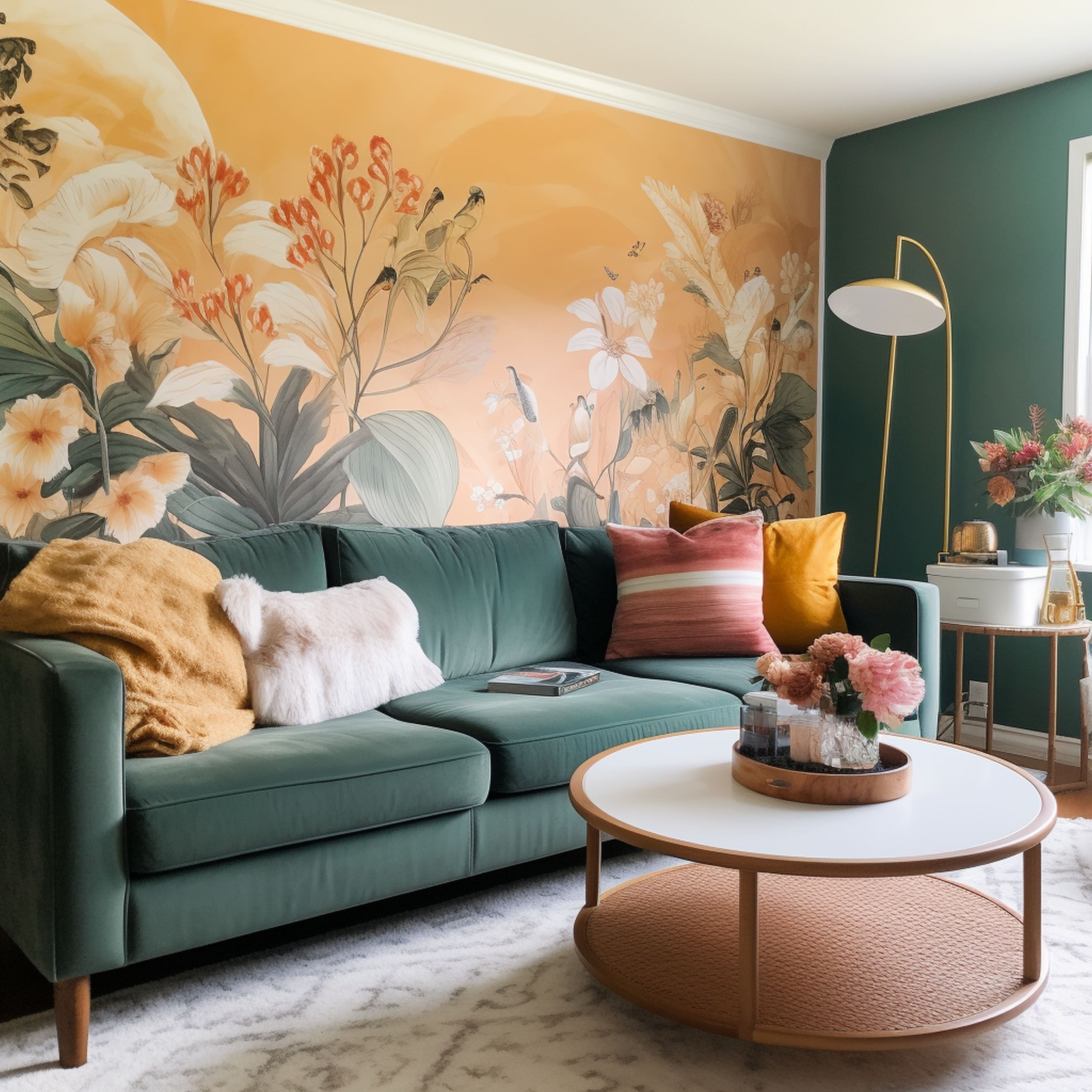 Green Living Room With Orange Floral Wallpaper