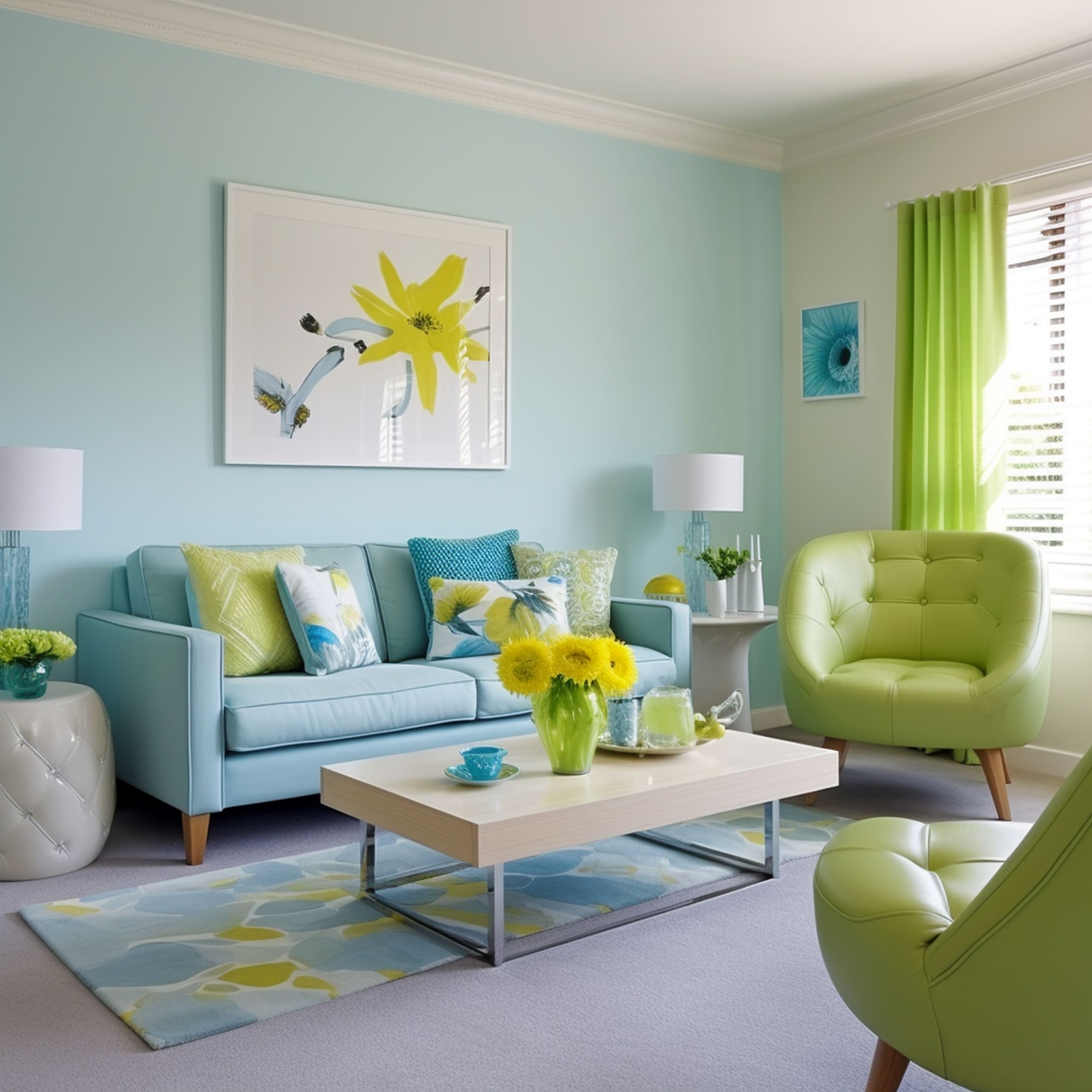 Lime Green and Light Blue Living Room