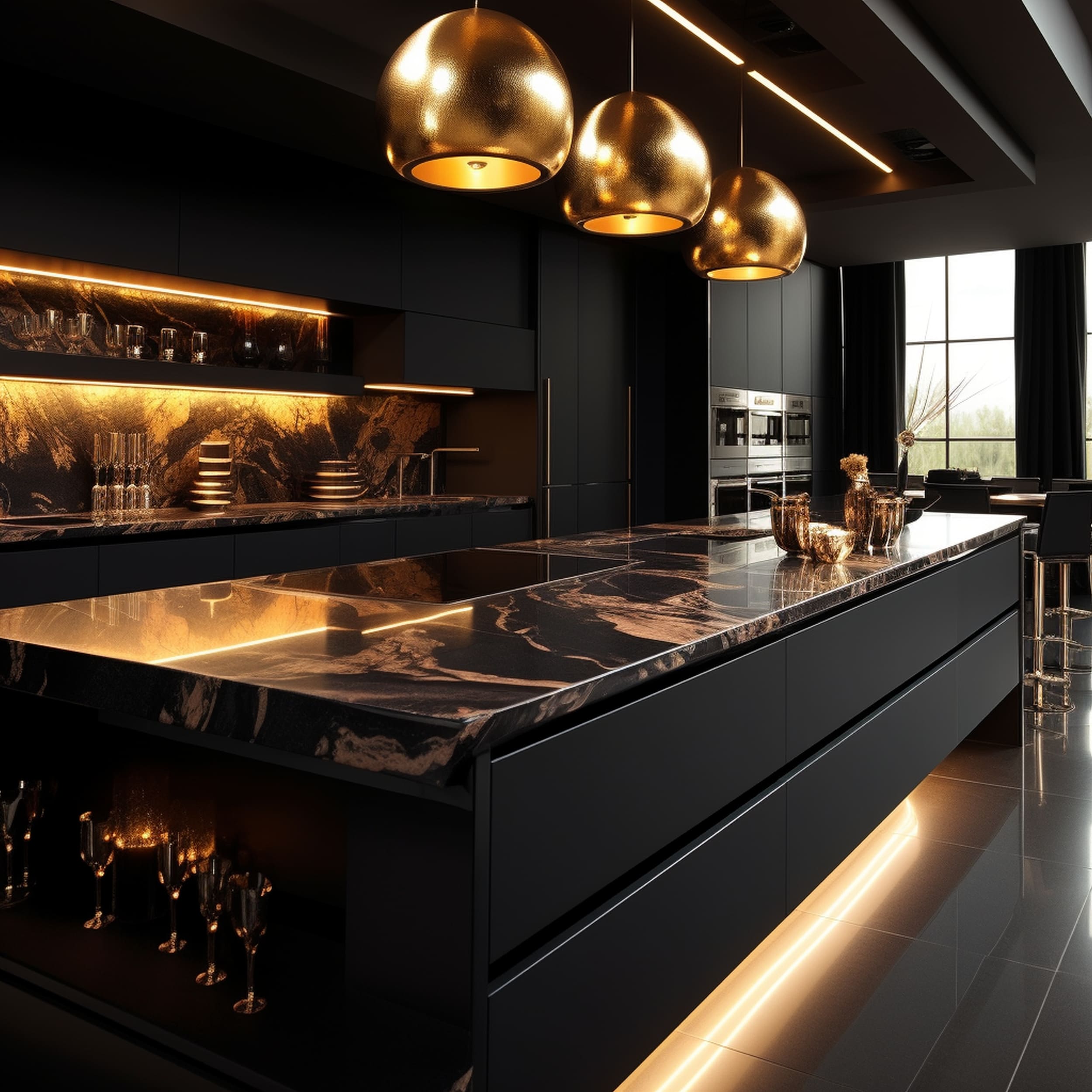 Luxurious Black Kitchen With Gold Lights