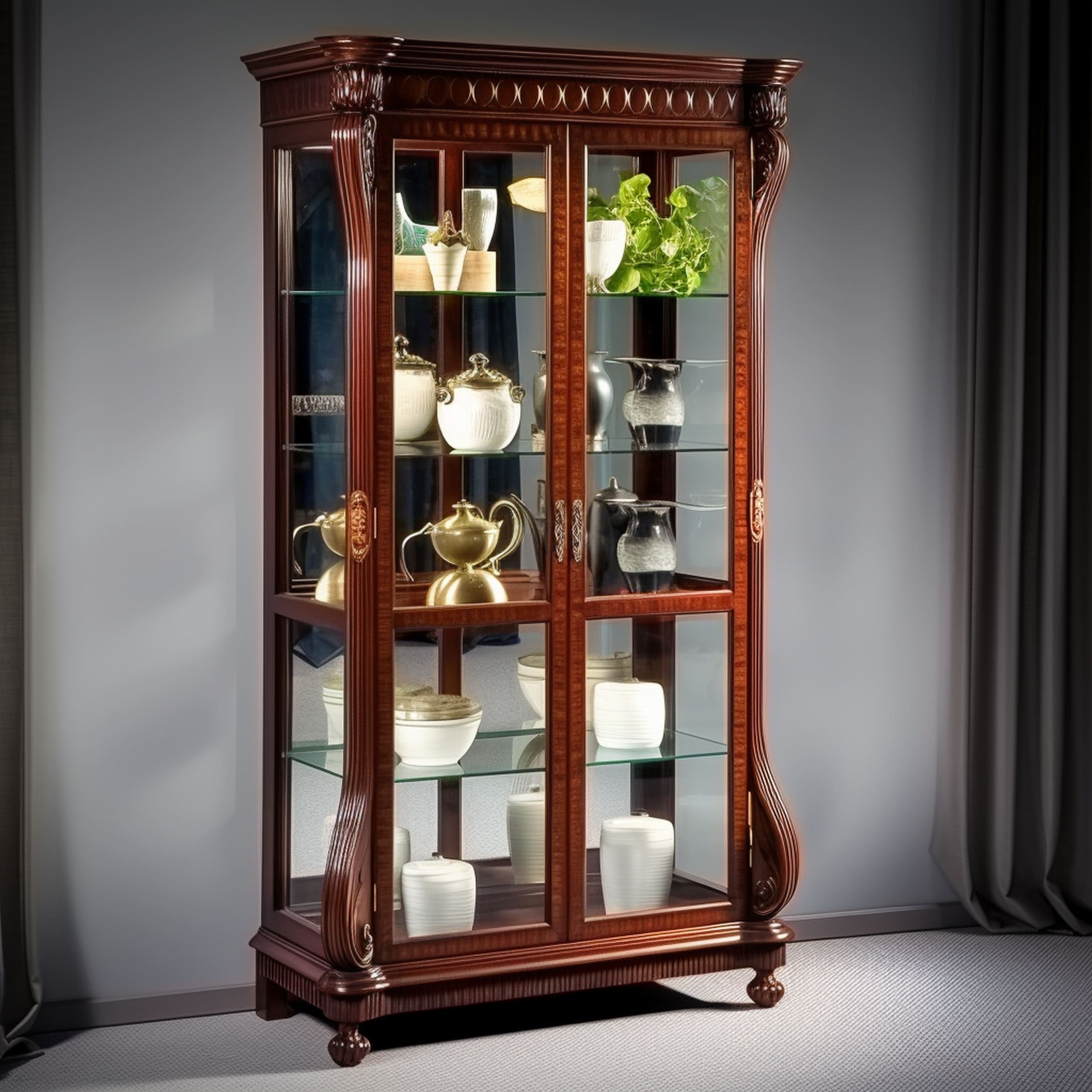 Mahogany Wood Cabinet With Glass Shelves