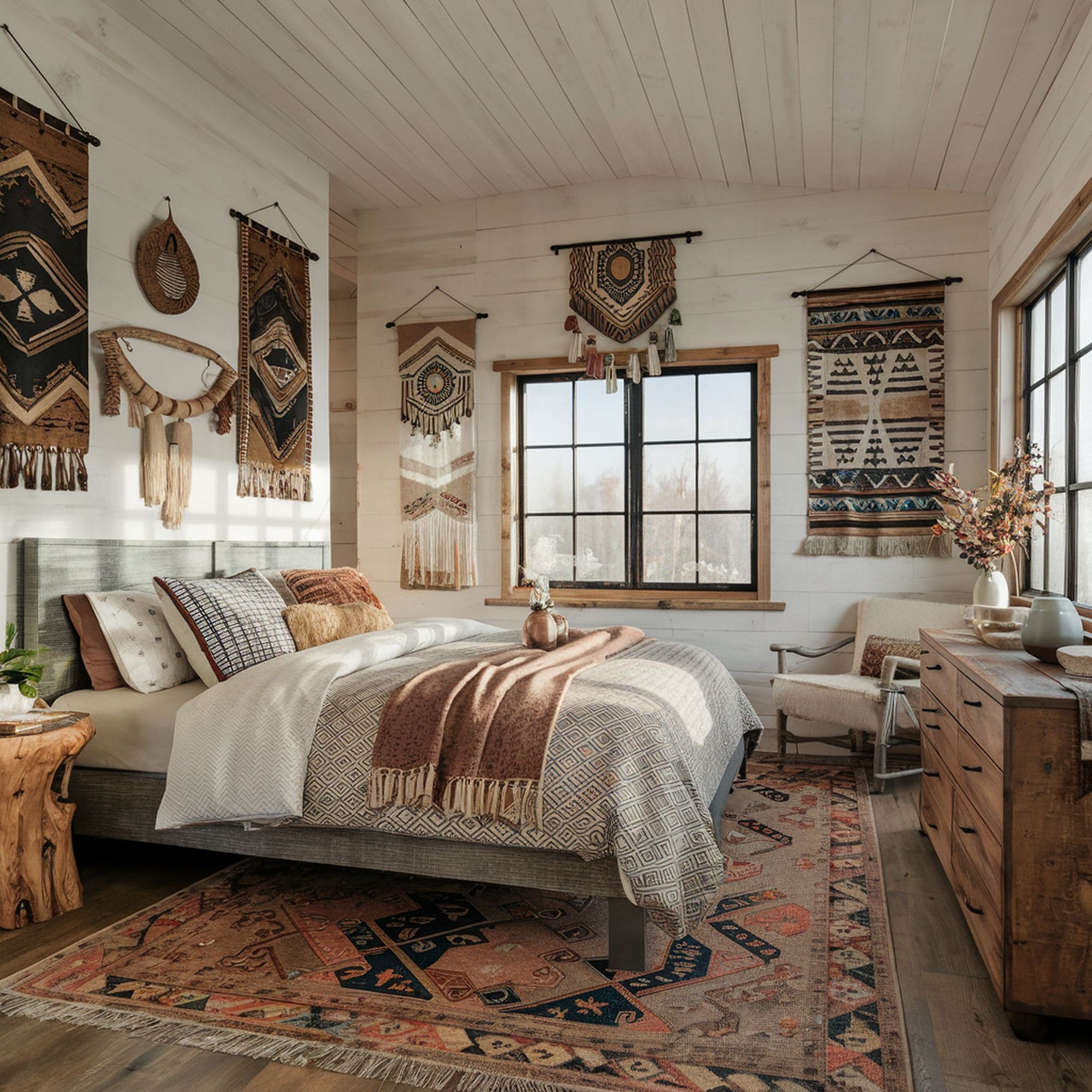 Tribal Bohemian Bedroom With Wall Hangings