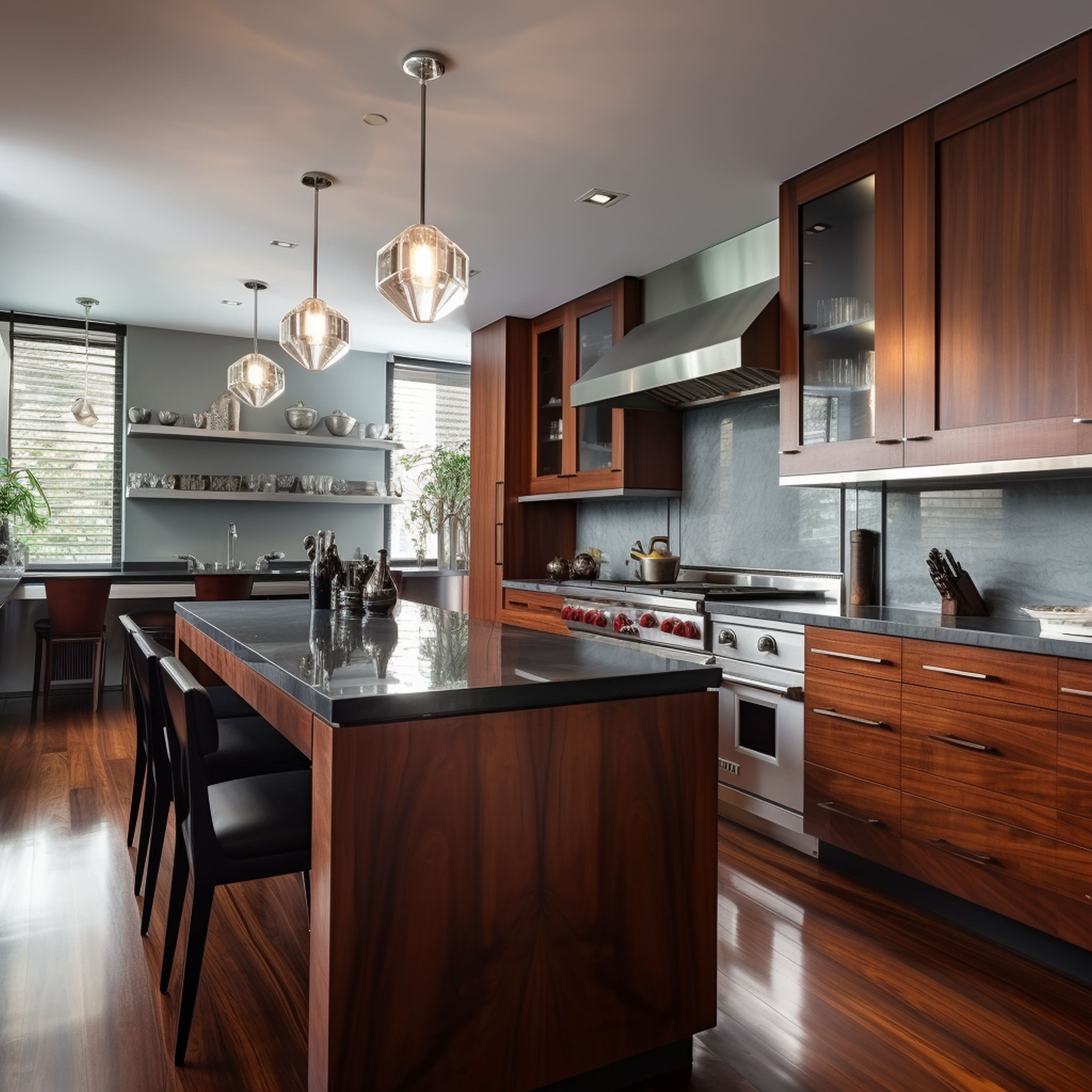 Modern Gray Kitchen With Mahogany Wood Cabinets
