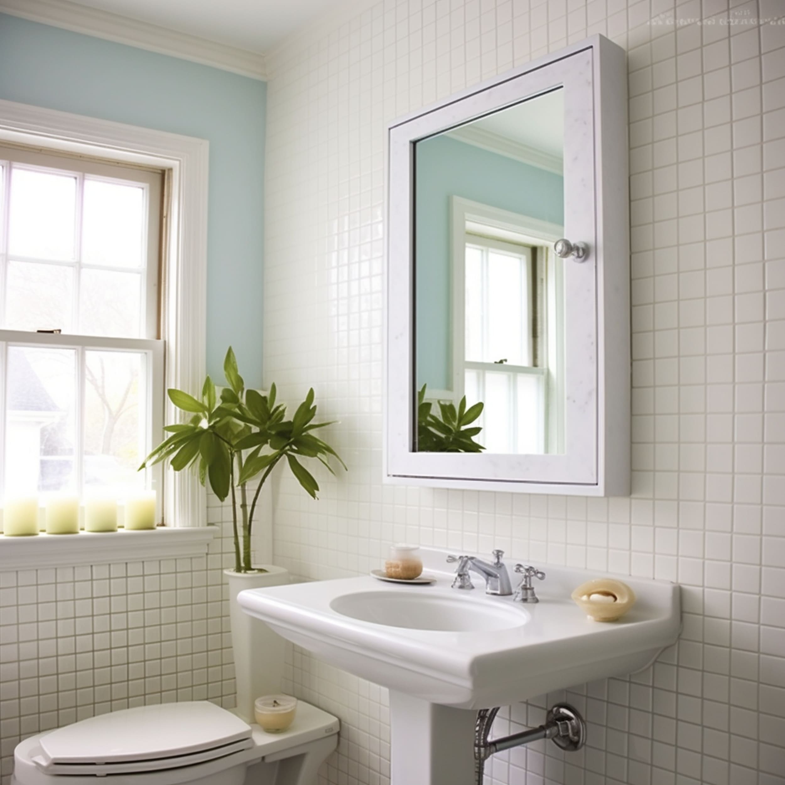 White Medicine Cabinet Against Square Tile Bathroom Wall