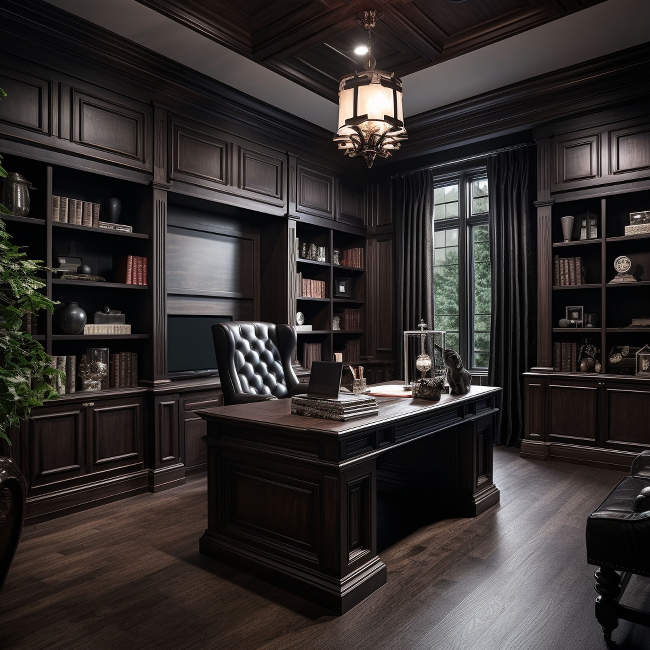 Classy Home Office With Dark Mahogany Wood Cabinets