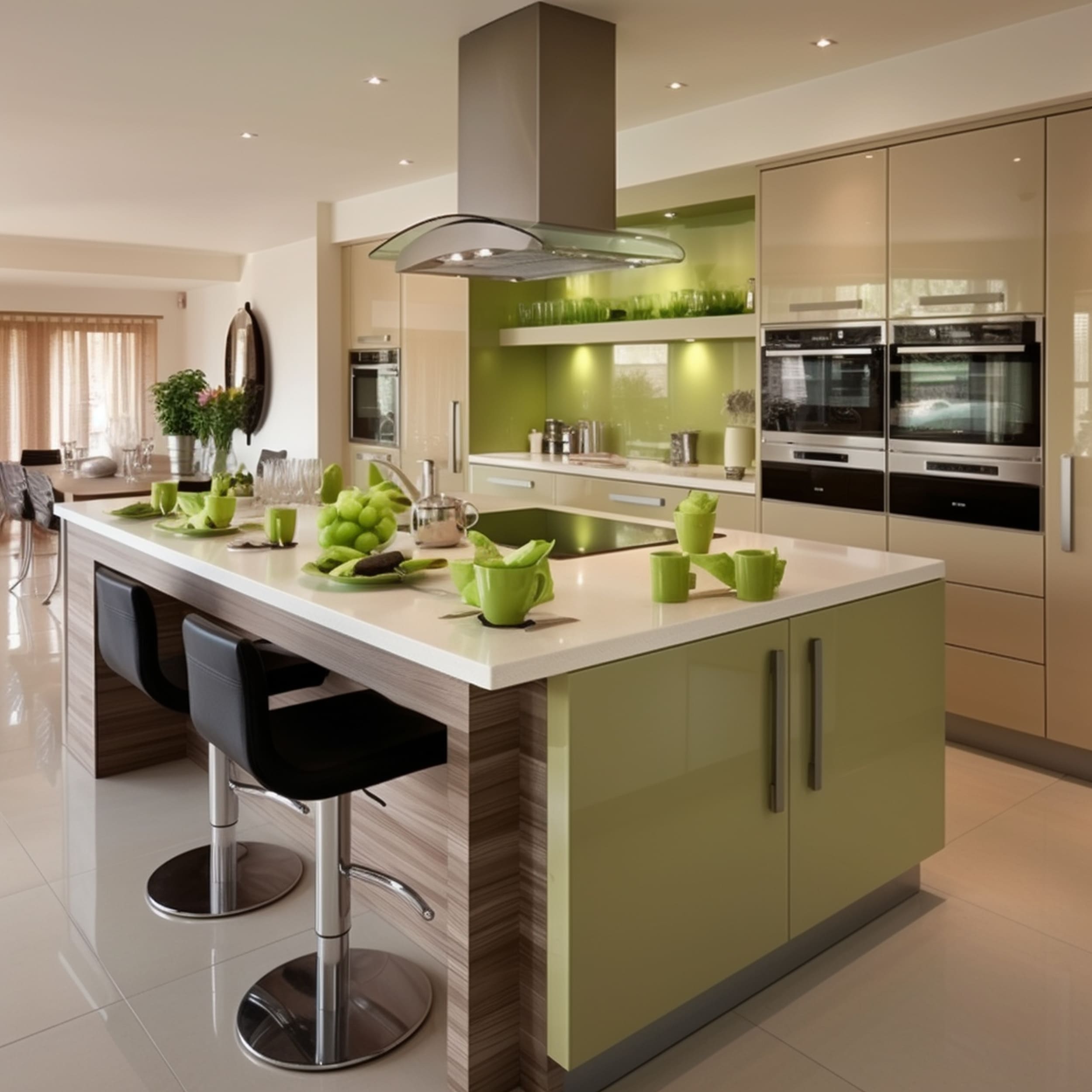 Modern Beige Kitchen With Lime Green Accents