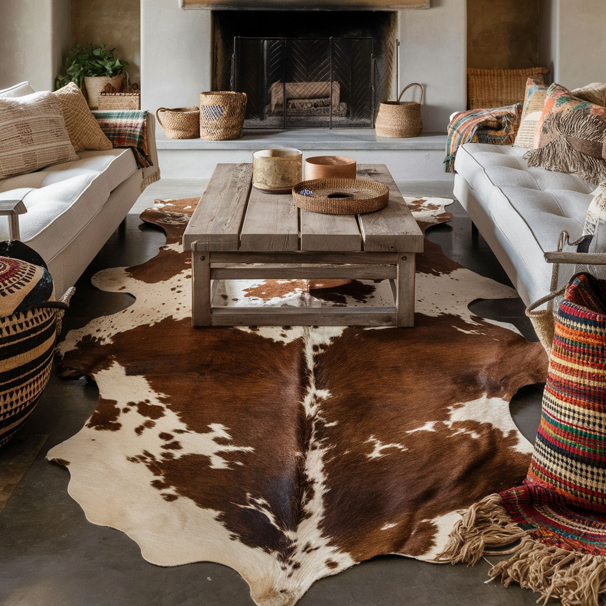 Tribal Bohemian Living Room With Cowhide Rug