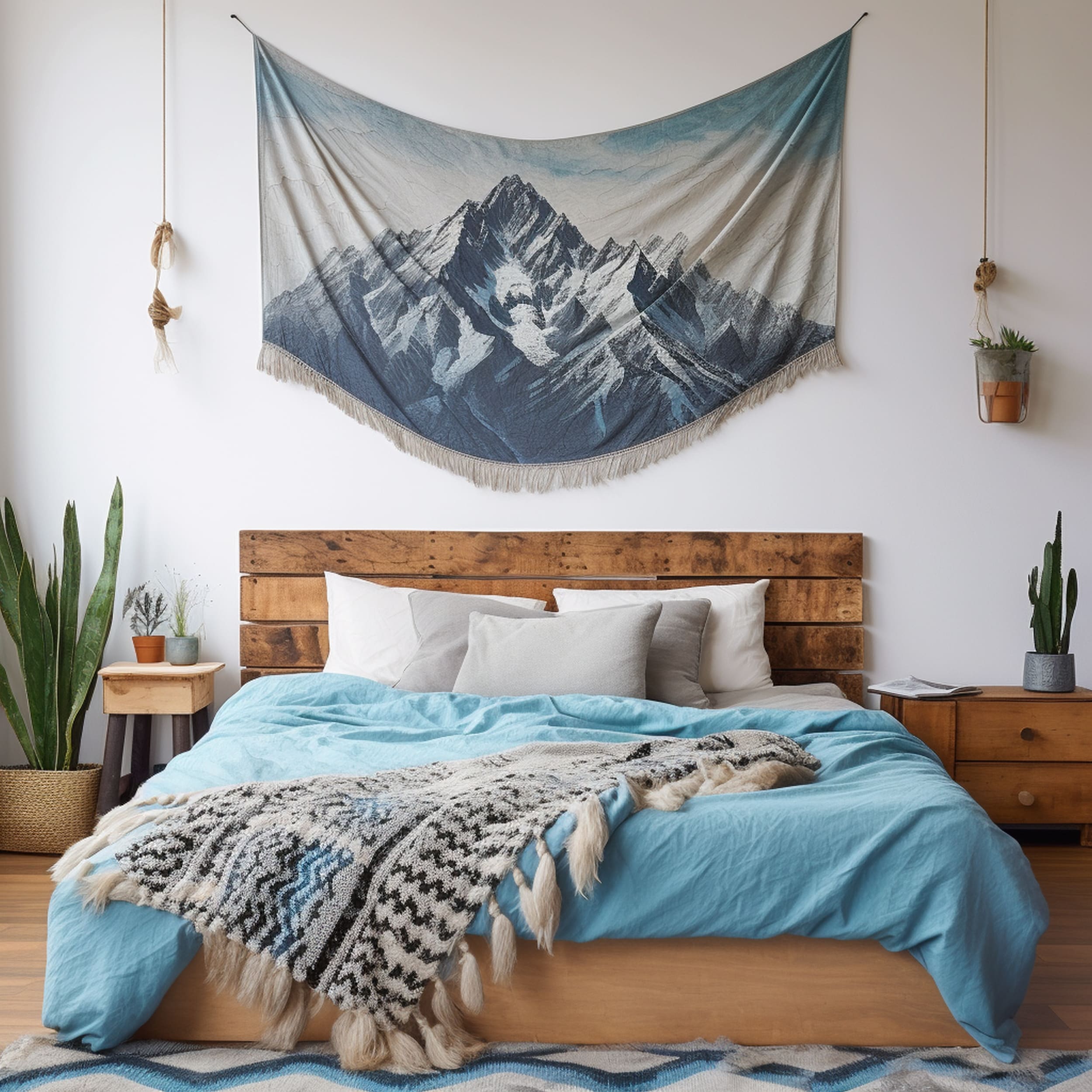 Boho Inspired Bedroom With Mountain Tapestry