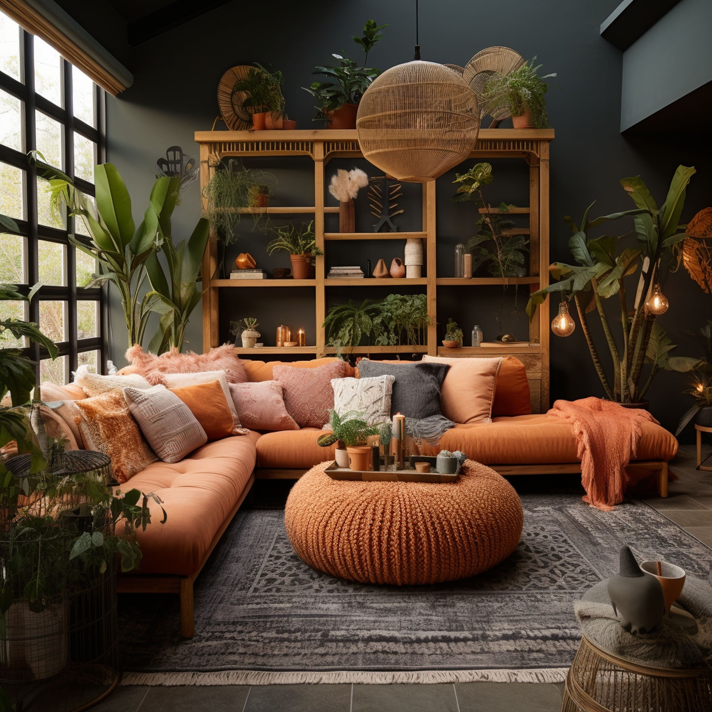 Gray Bohemian Living Room With Terracotta Orange Sofa