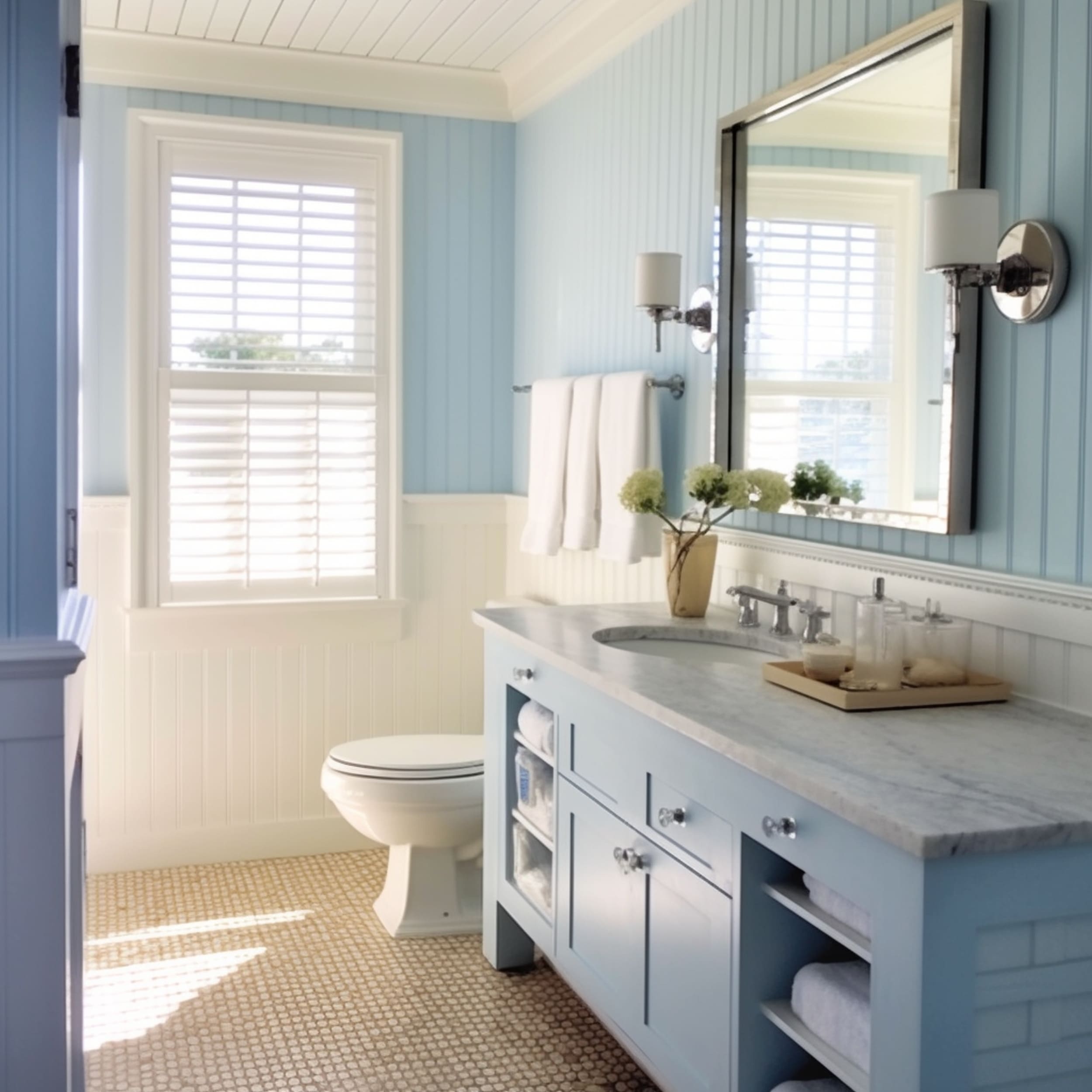 Metal Medicine Cabinet in Coastal Blue Bathroom