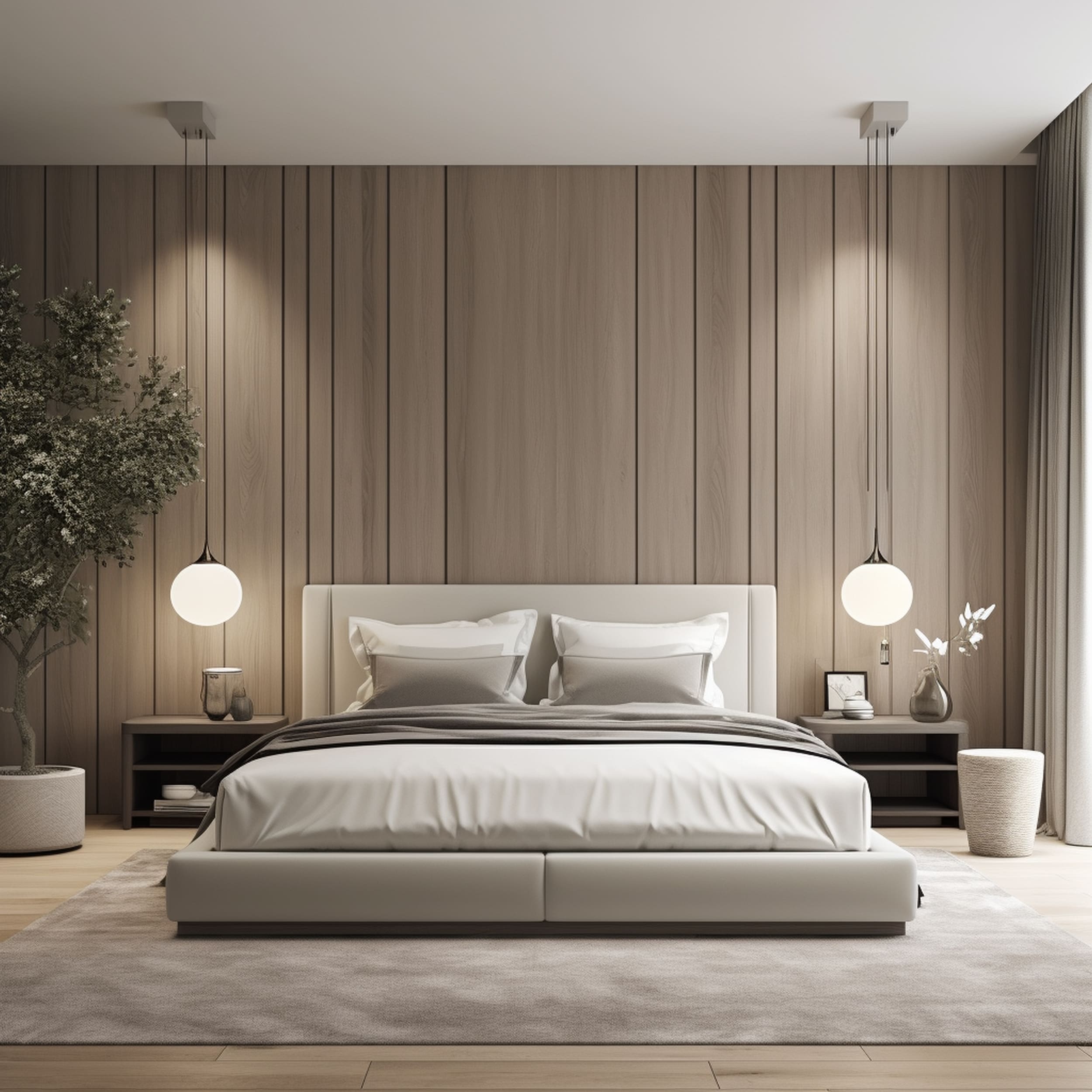 Modern Gray Bedroom With Vertical Wall Panels