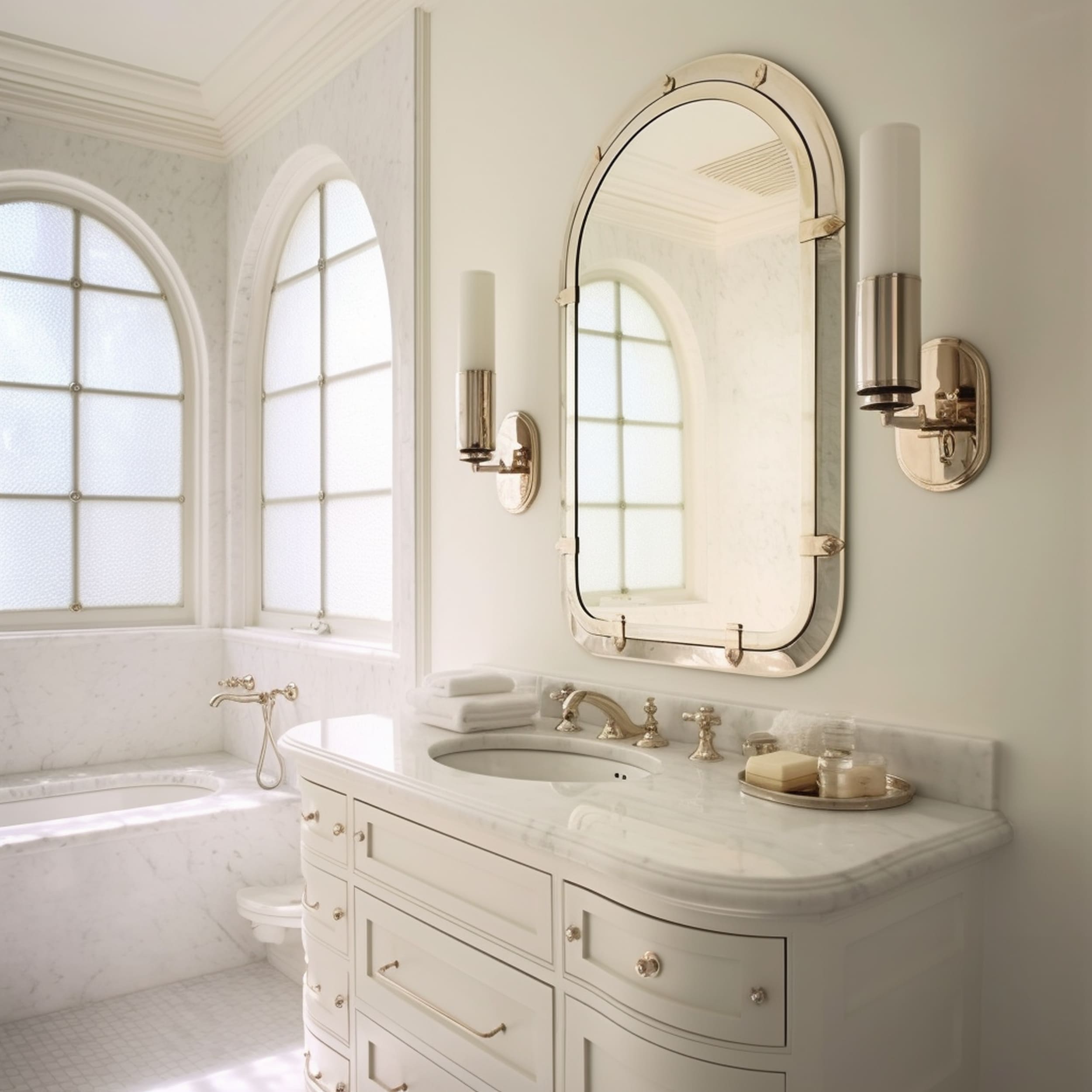 Curved Medicine Cabinet in Elegant White Bathroom