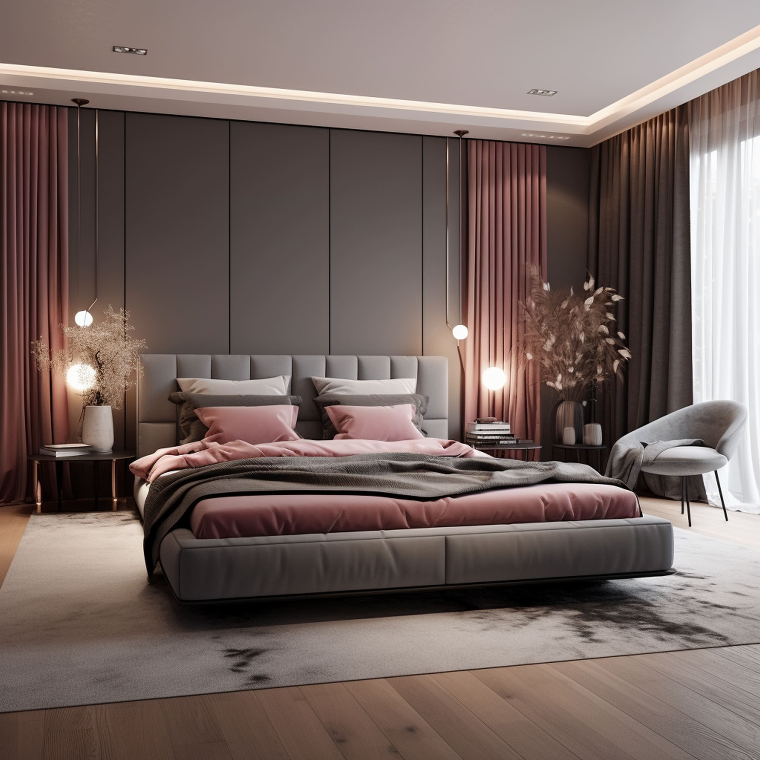 Modern Gray Bedroom With Pink Wall Curtains