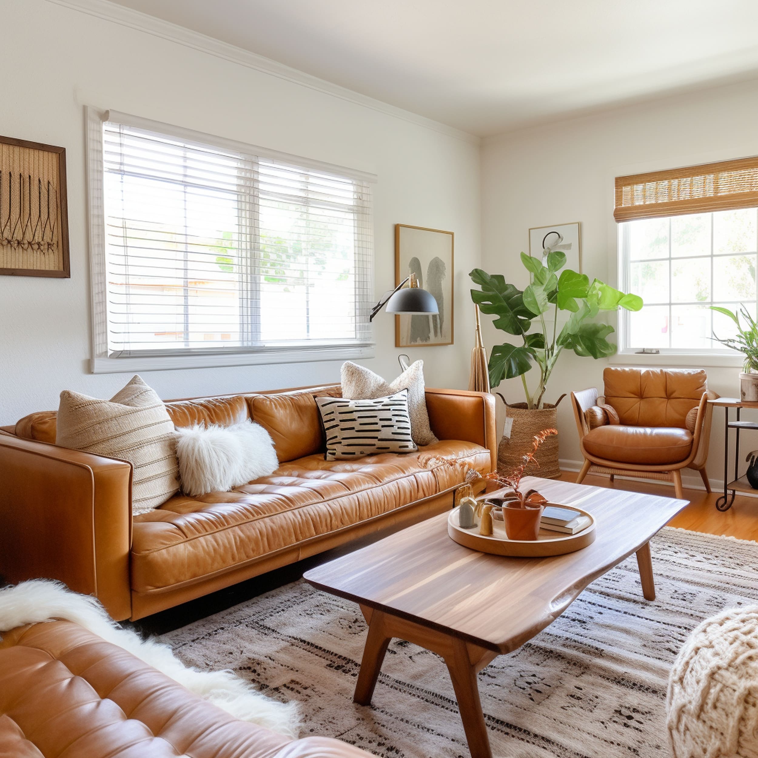 Bohemian Living Room With Tan Leather Sofa