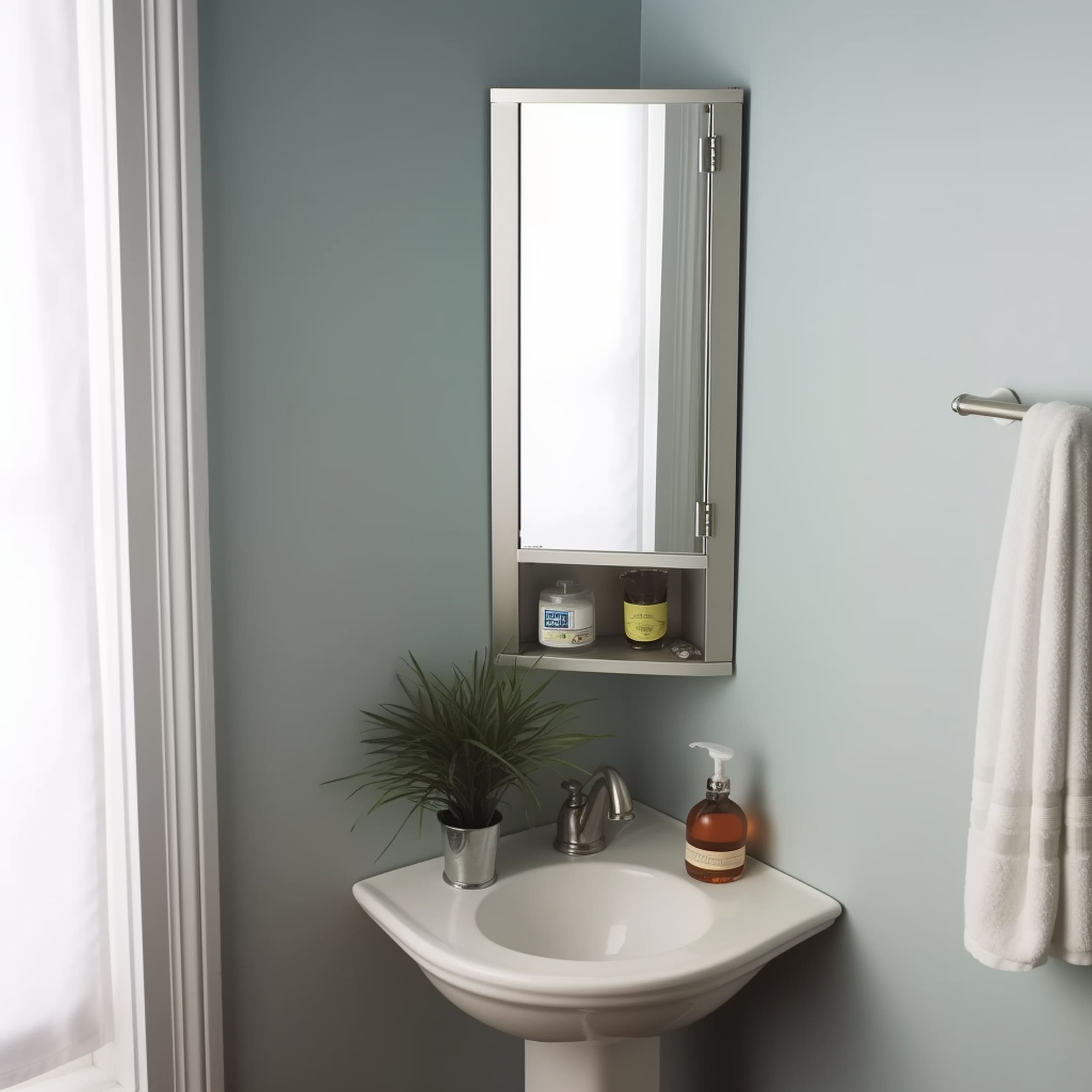 Corner Medicine Cabinet in Small Bathroom