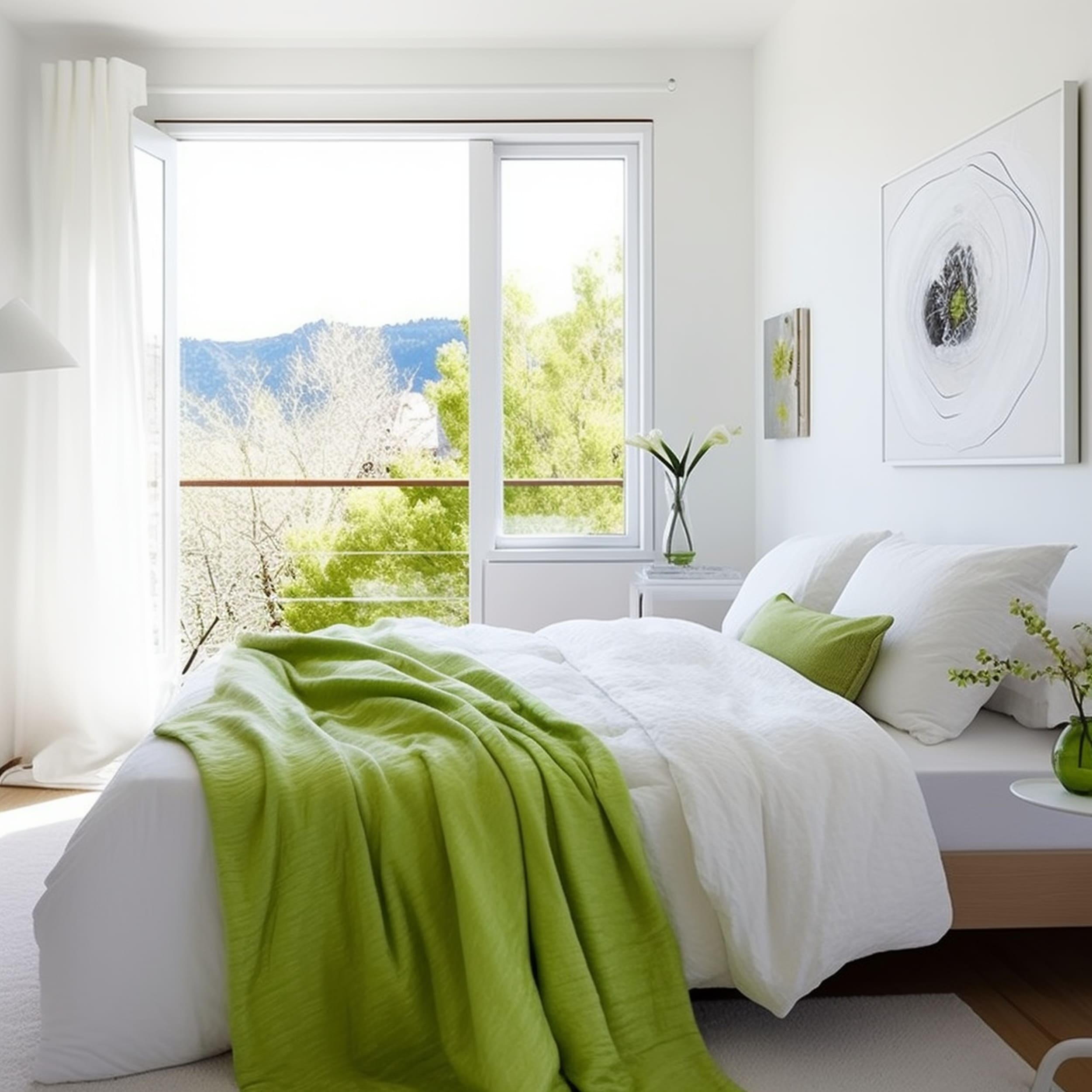 Crisp White Bedroom With Lime Green Throw Blanket