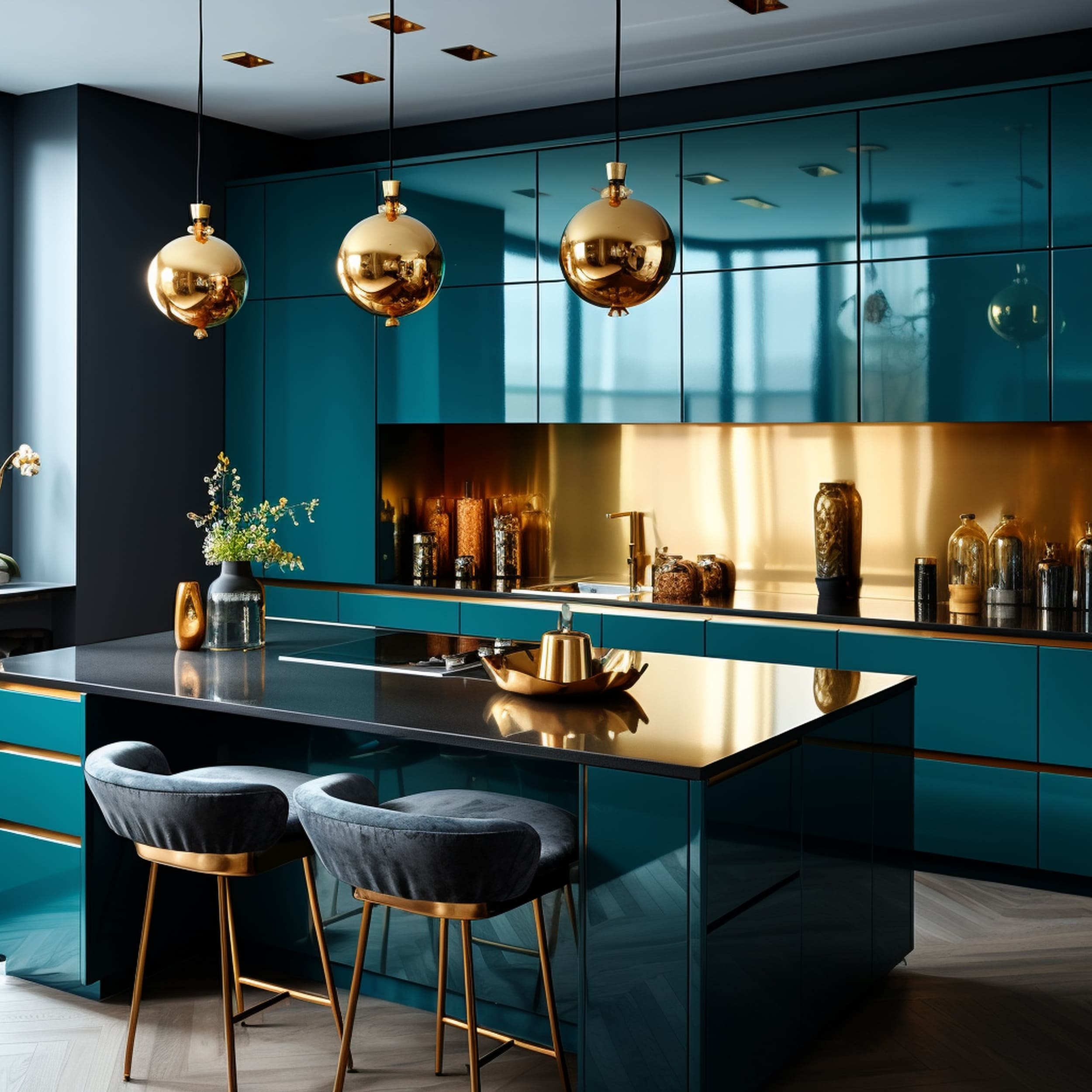 Elegant Teal Kitchen With Gold Accents