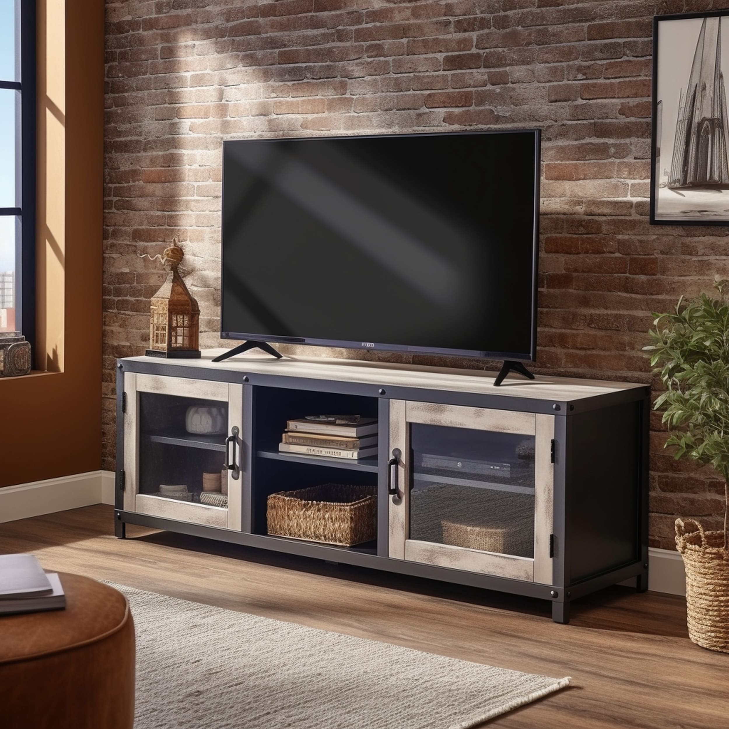 Industrial Inspired TV Cabinet With Closed Shelves