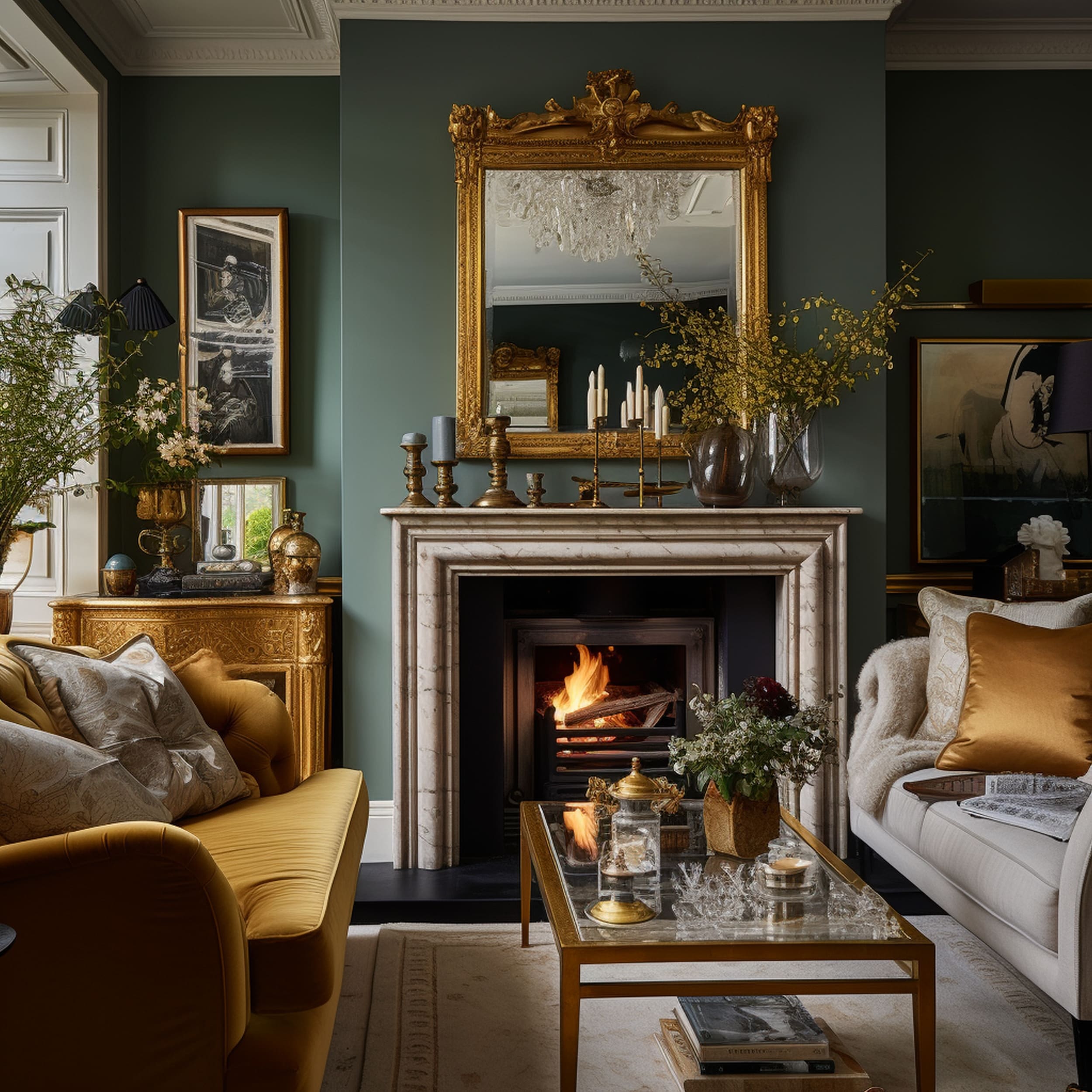Traditional Elegant Living Room With Gold Mirror