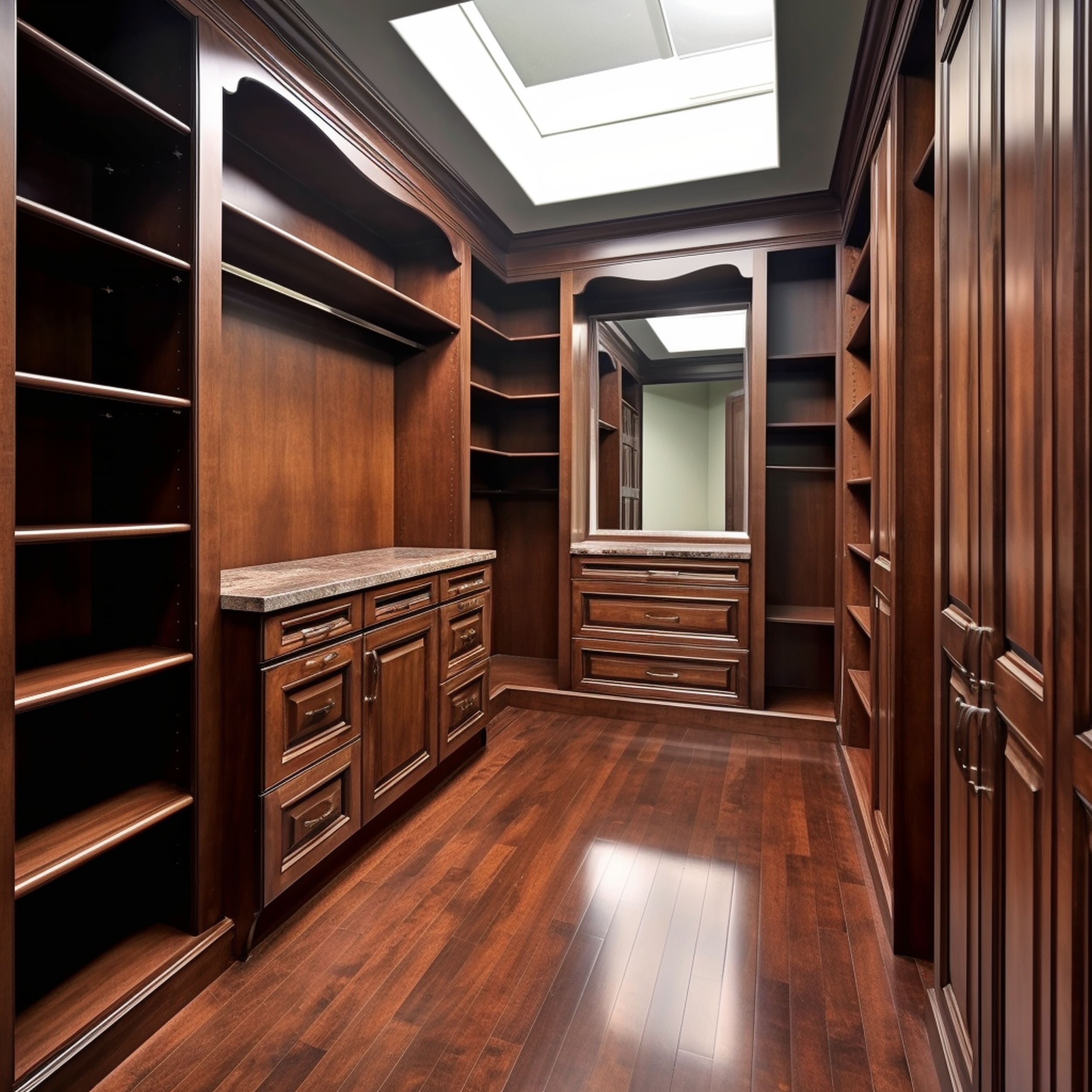 Walk in Closet With Mahogany Wood Cabinets