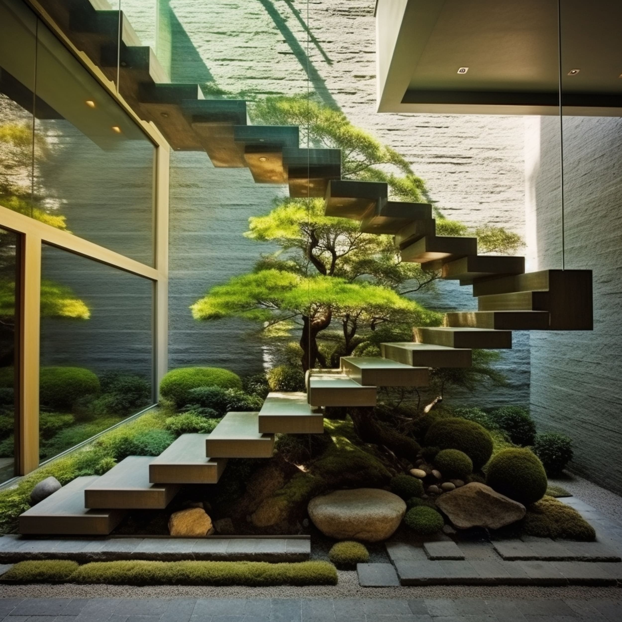 Mossy Zen Garden Beneath Staircase