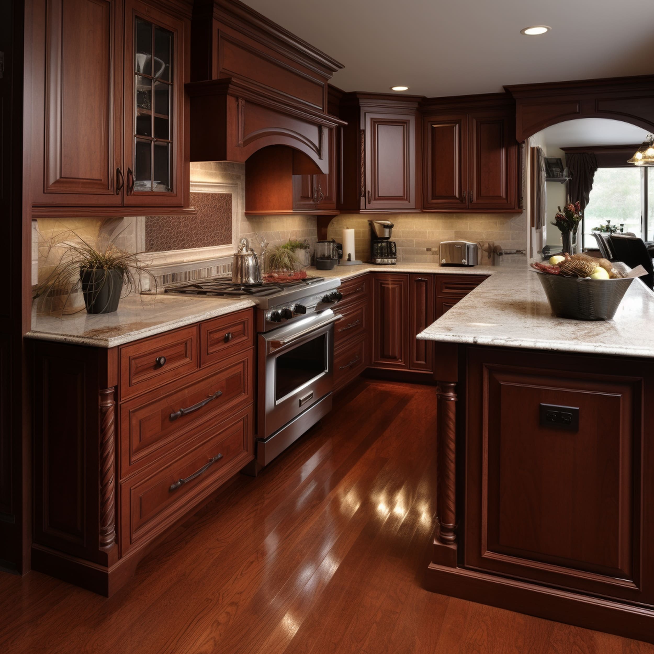 Traditional Kitchen With Mahogany Wood Cabinets and Beige Backsplash
