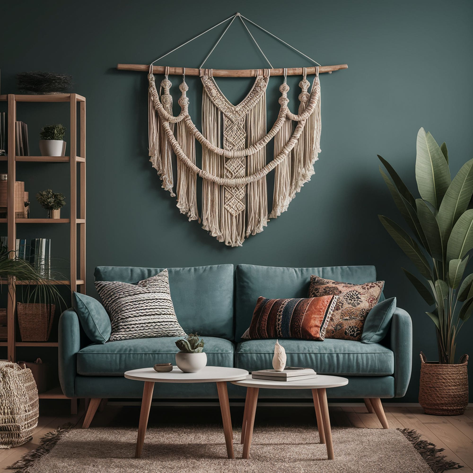 Tribal Bohemian Living Room With Macrame Decoration