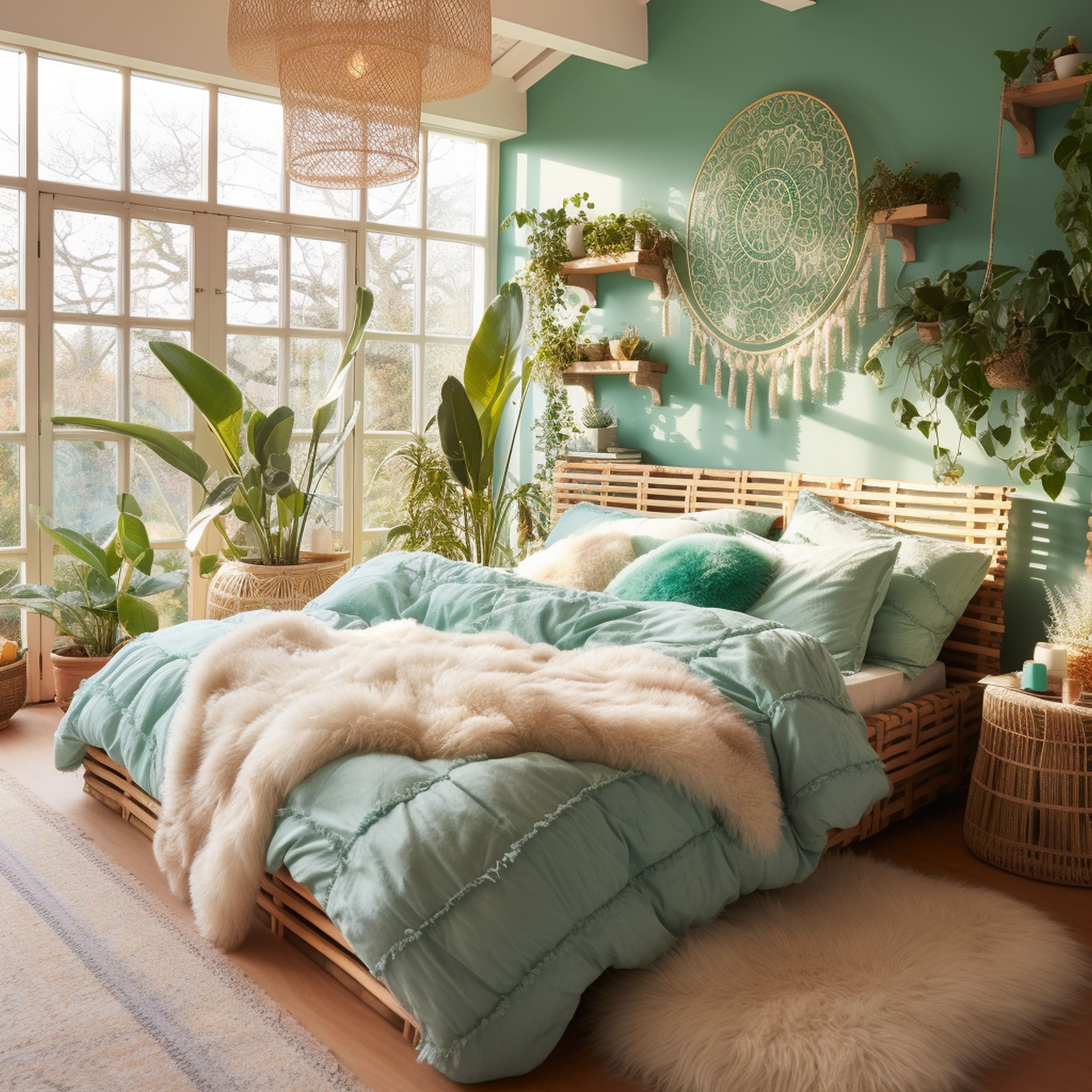 Bohemian Bedroom With Mint Green Wall and Plants