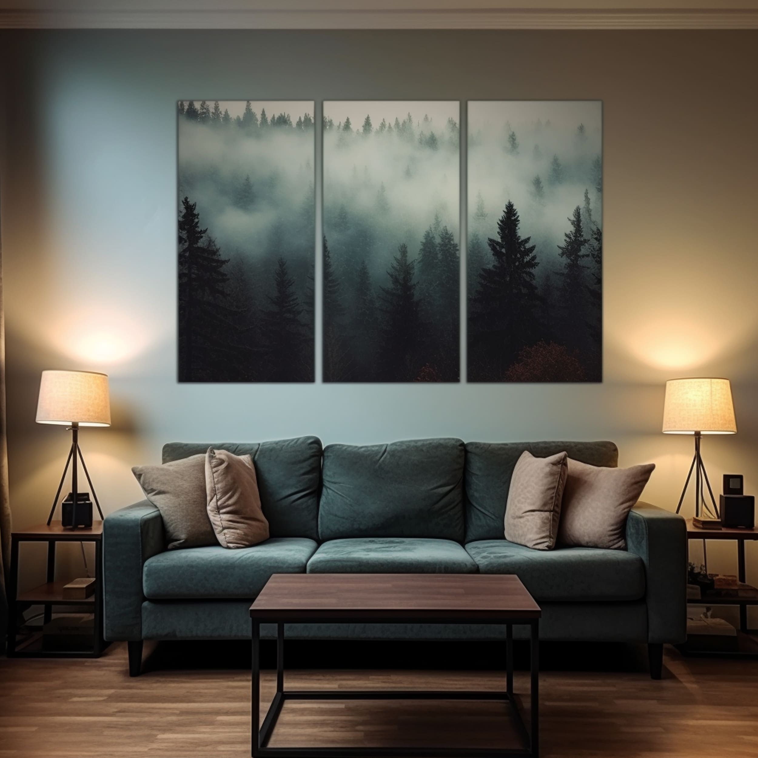 Living Room With Misty Forest Acoustic Panels