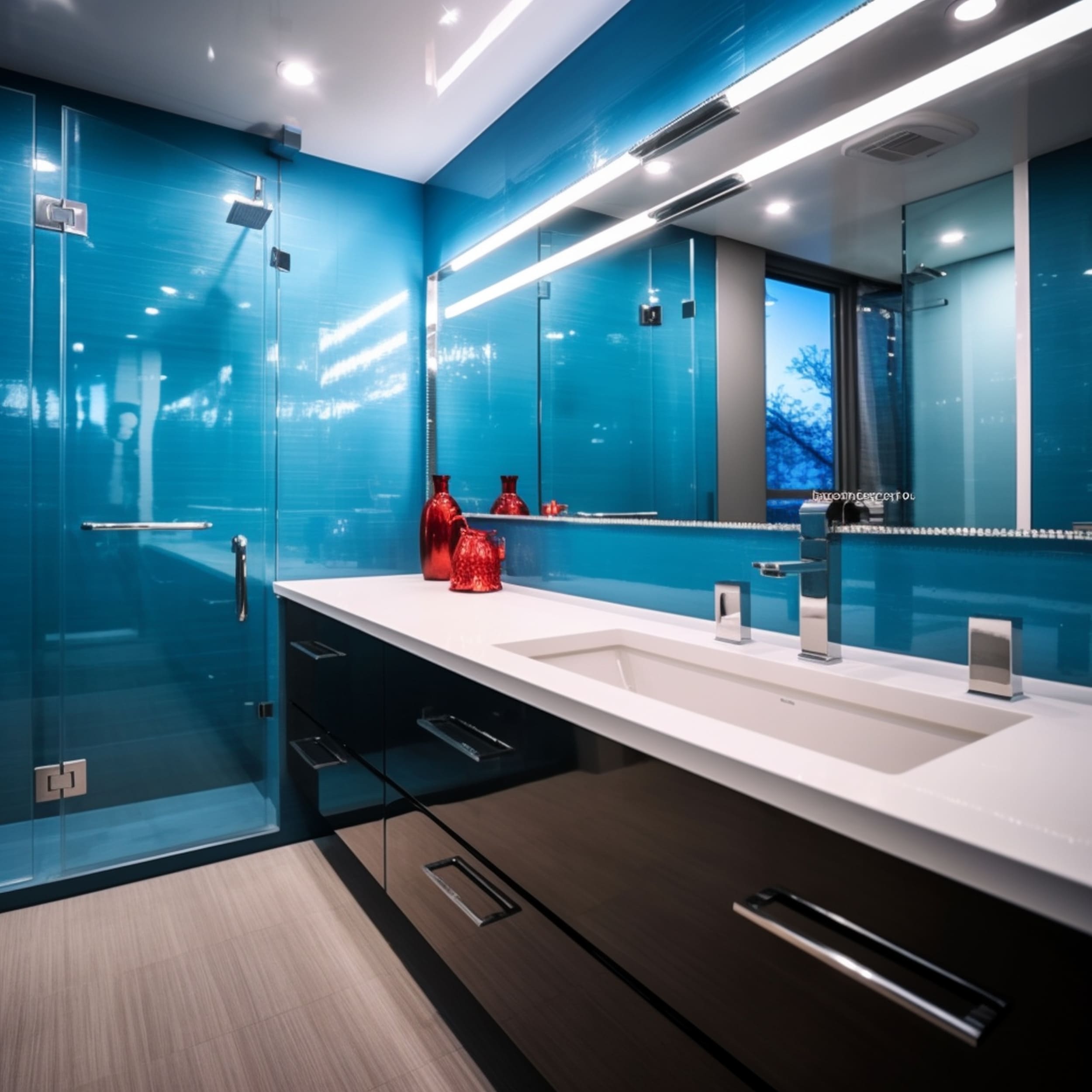 Blue High Gloss Bathroom With Black Vanity